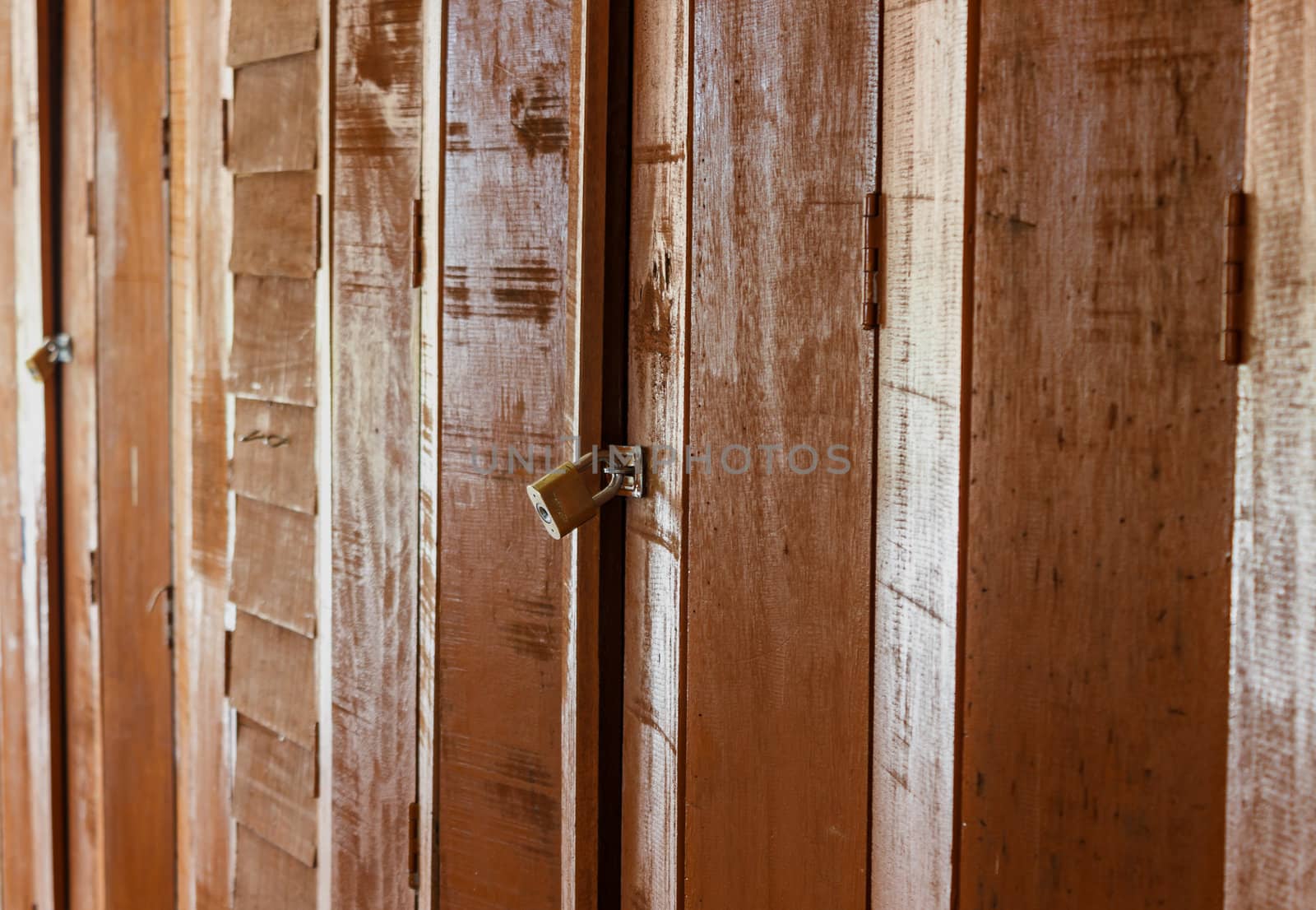 Old brown wooden door with lock, use as background texture.