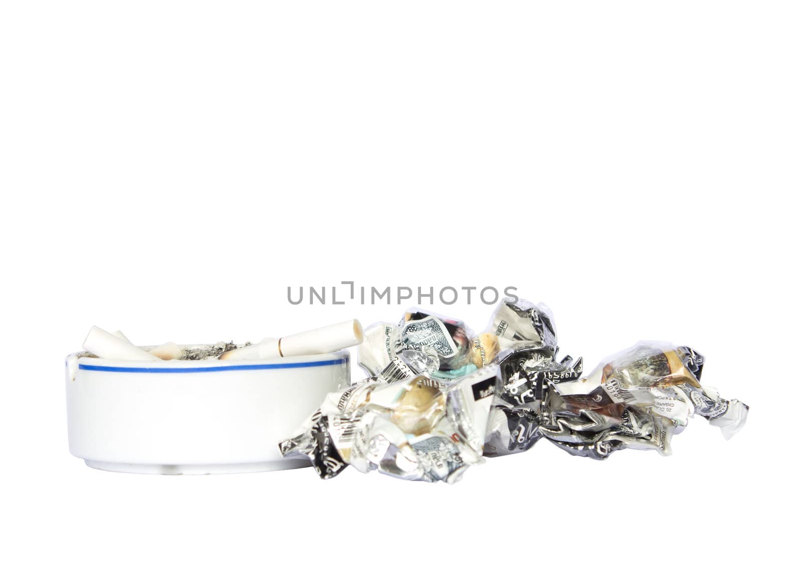 Closeup ceramic Ashtray with Cigarette, isolated on white background.