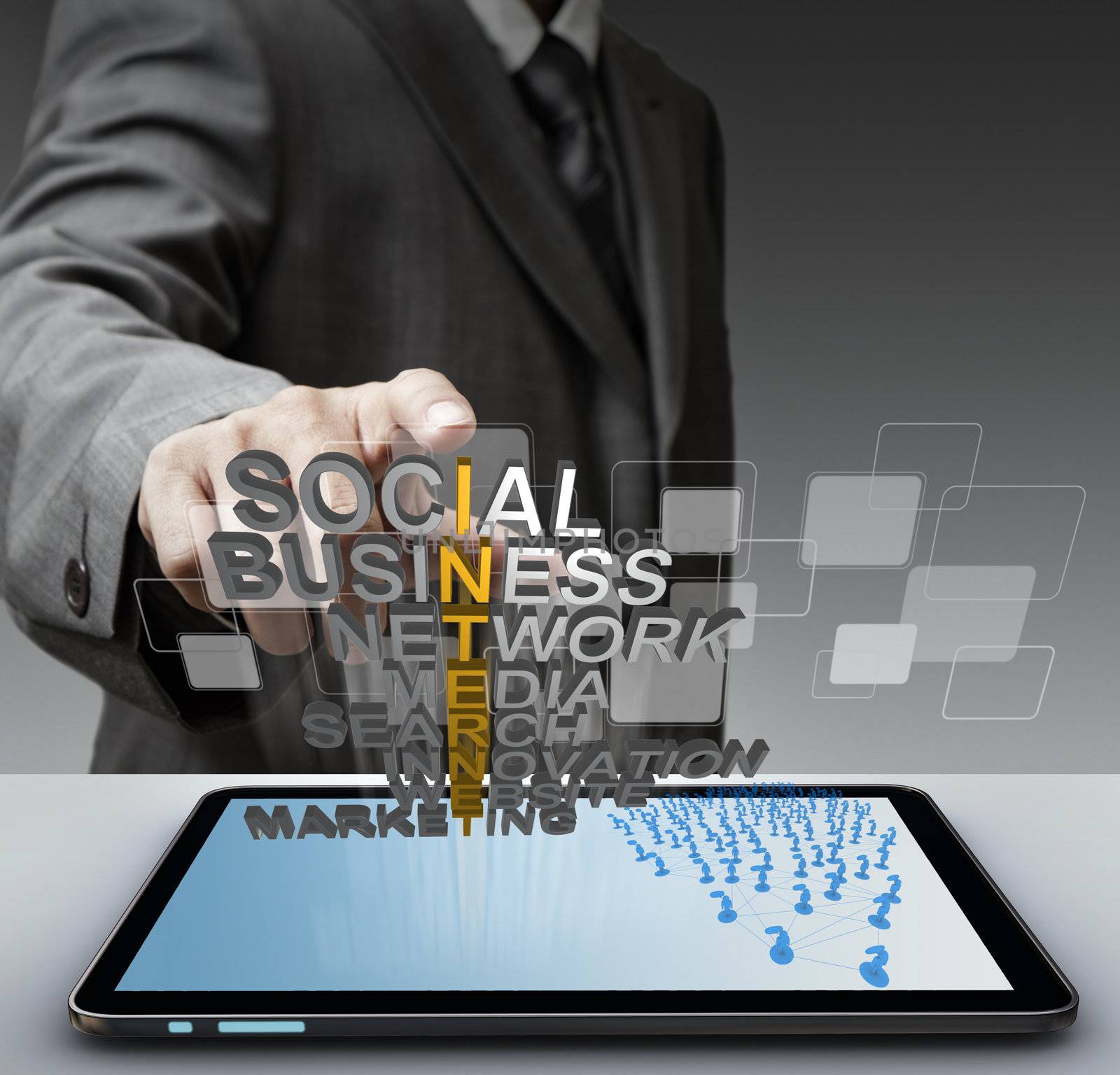 business man hand touch 3d mettalic internet concept and virtual buttons