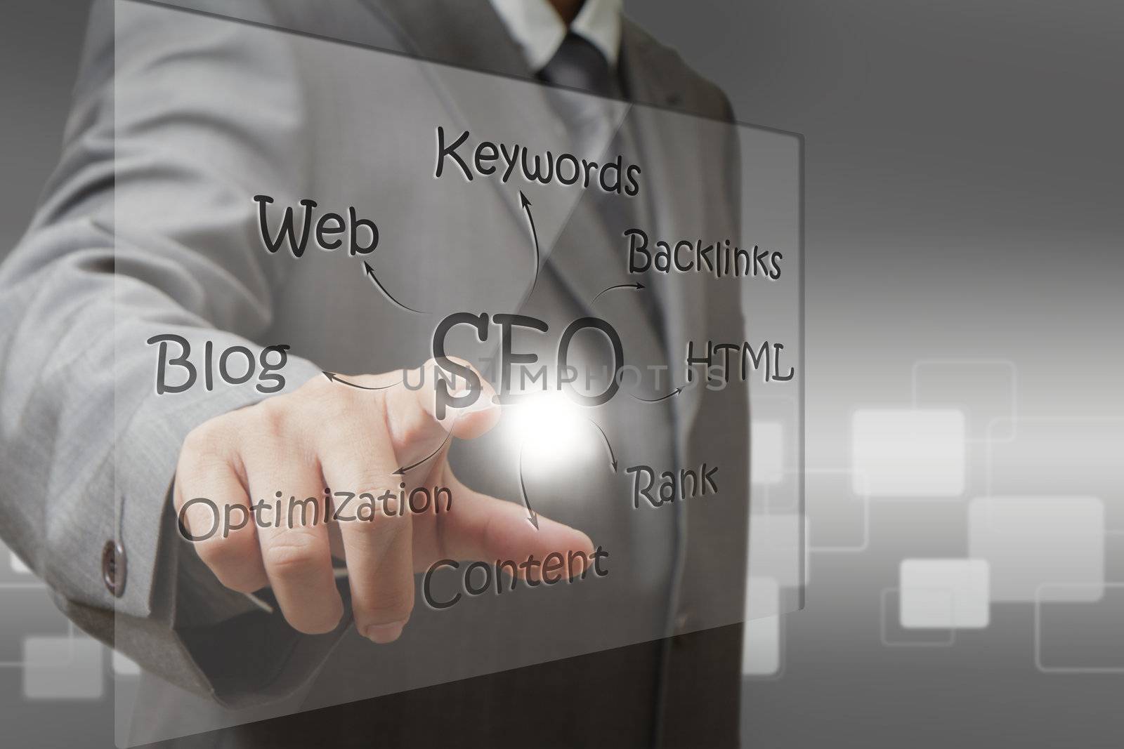 business man hand point on SEO diagram screen by buchachon