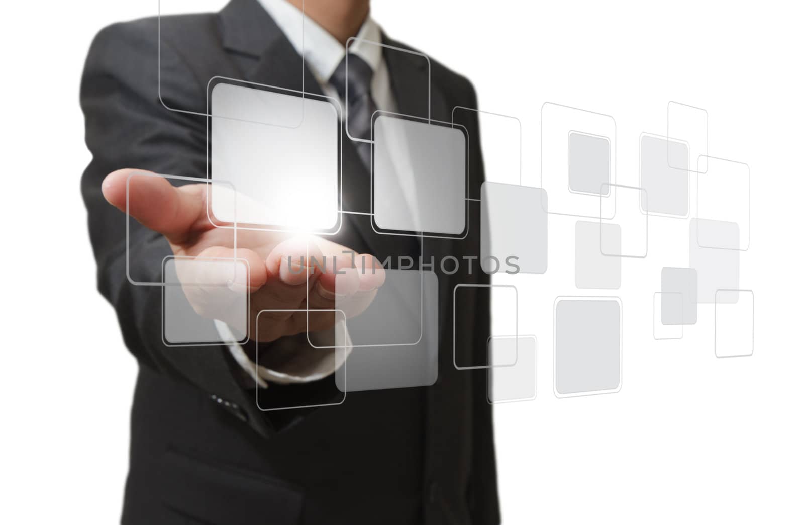 businessman hand pushing on a touch screen interface