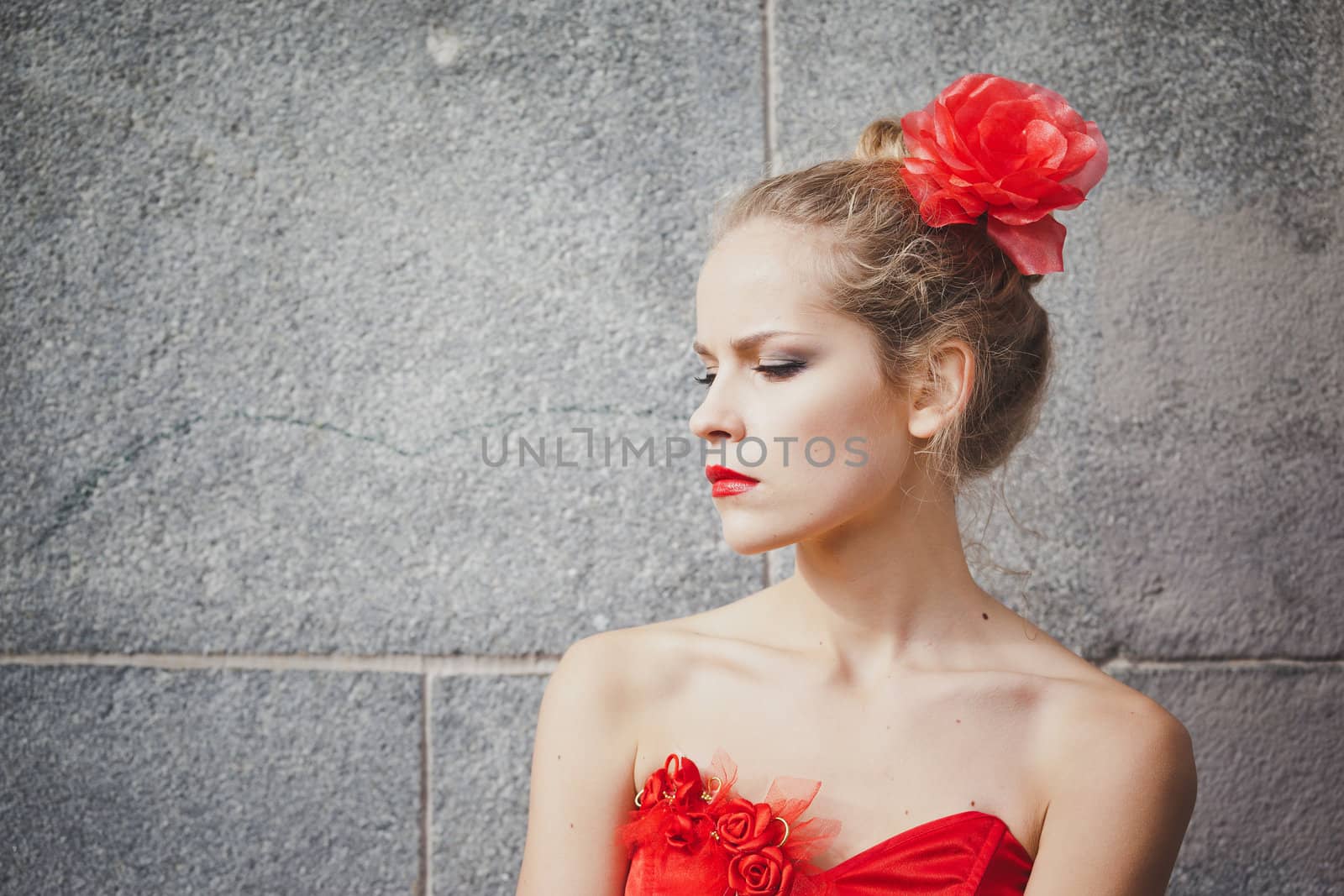 model, red, dress, flower, hair, eyes, lipstick, fall, girl, beauty, grace, eyes, waiting, concrete