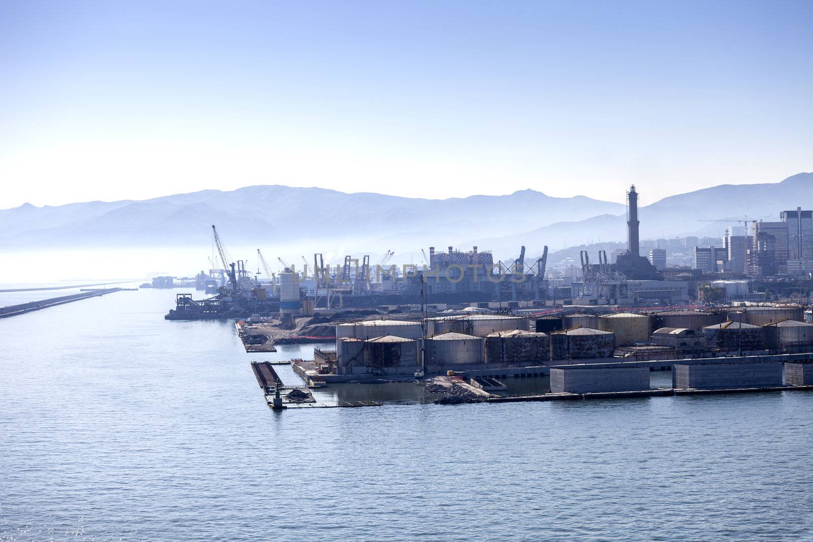 Panorama of the Genova port, Italy. The Lanterna is symbol of the town.