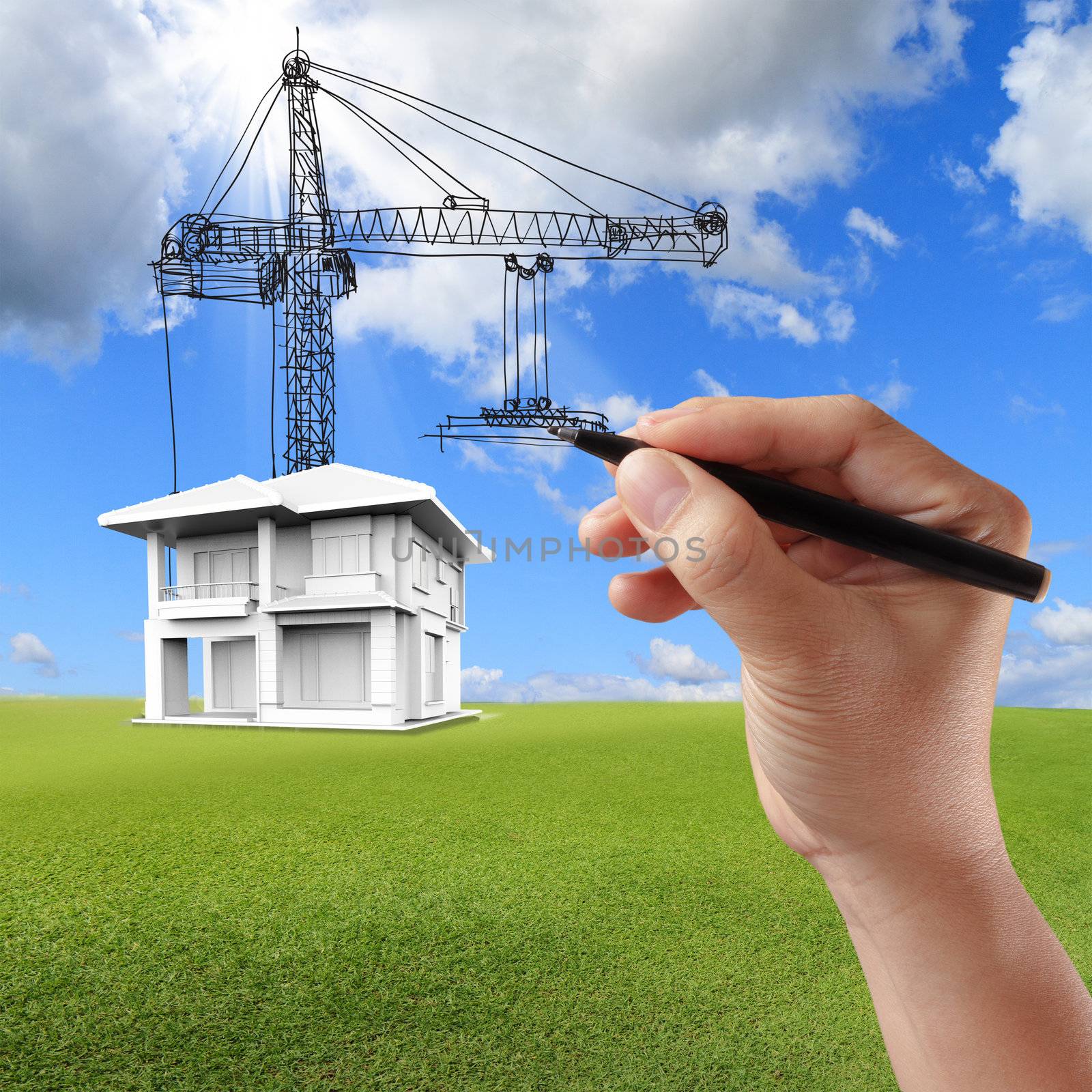 house building and cranes by hand drawn