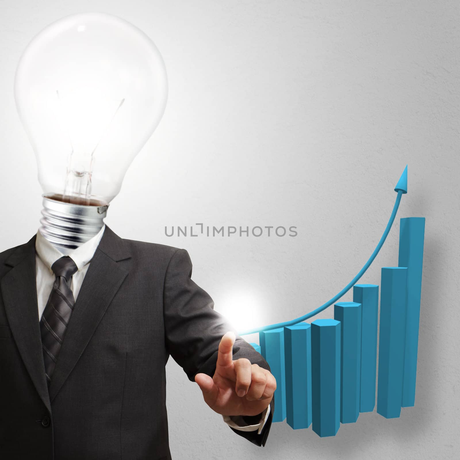 business man light bulb head point to growing graph as concept