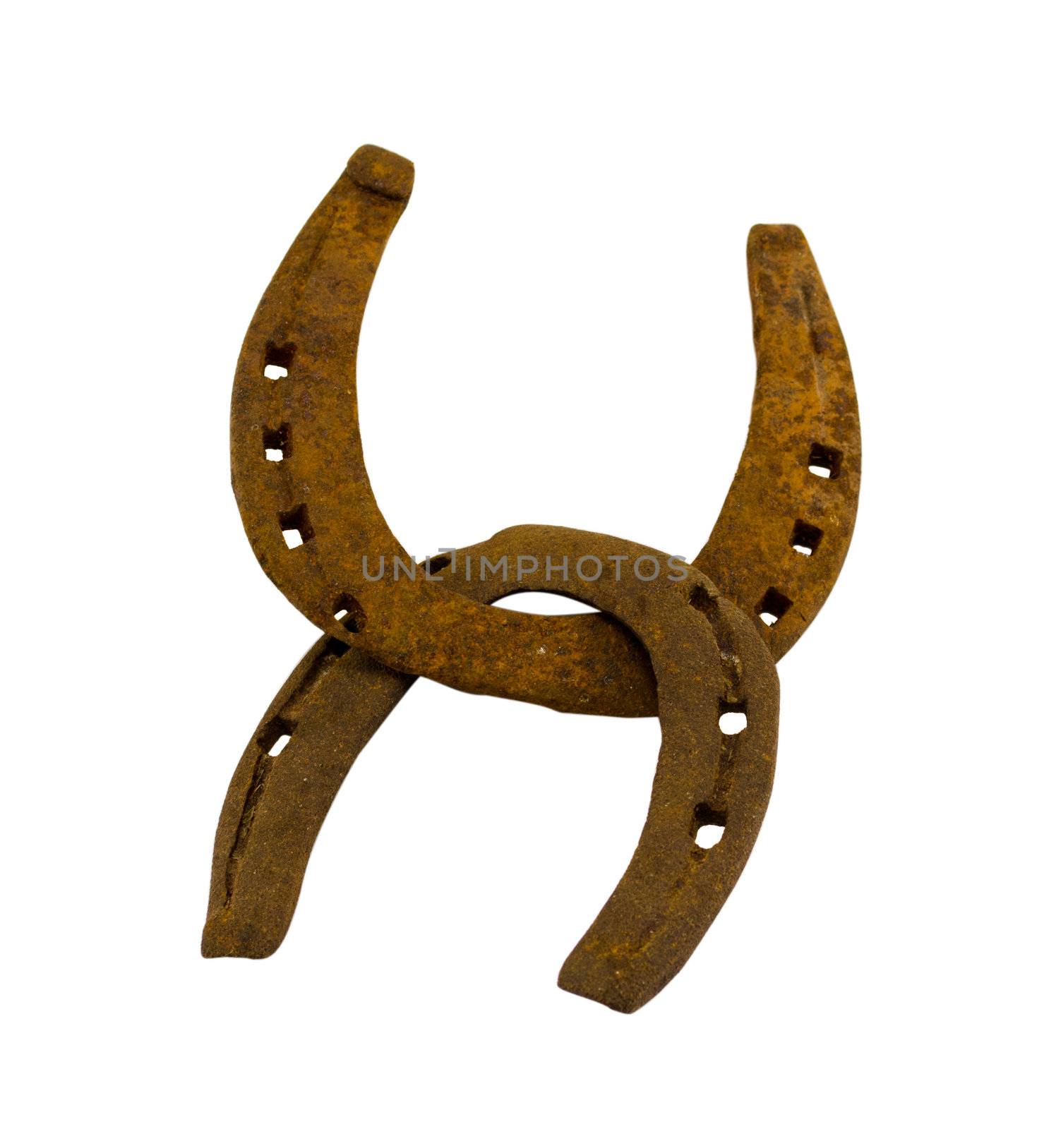 Crossed retro rusty two horseshoes on white by sauletas