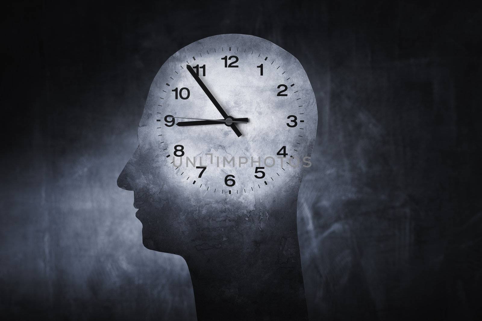 Conceptual image of a clock superimposed on a head of a human.