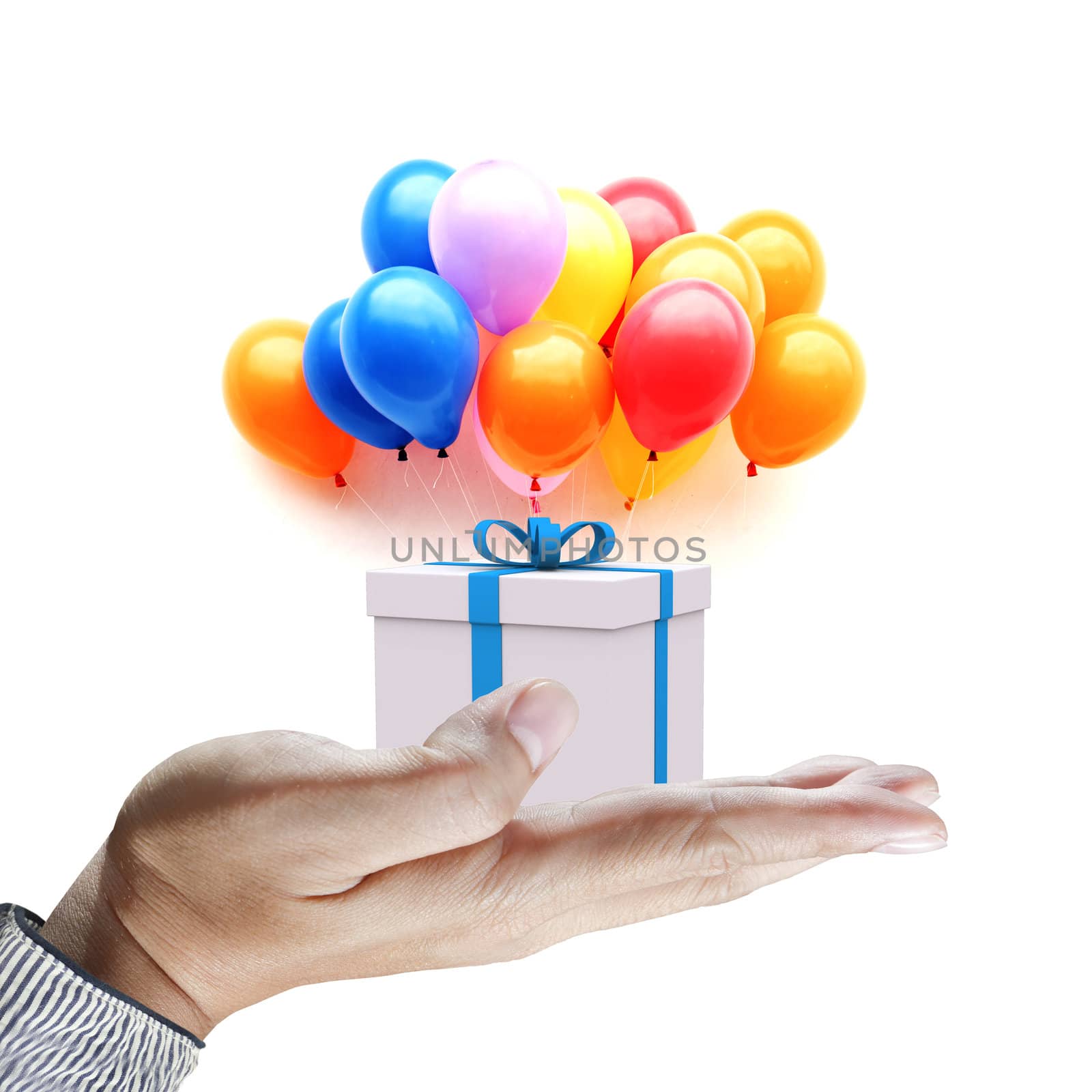 Hands holding gift in package with blue ribbon and colorful balloons isolated on white