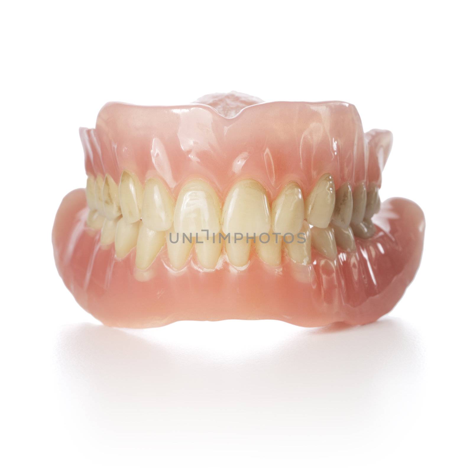 Old dentures with yellowed teeth isolated on white with reflection.