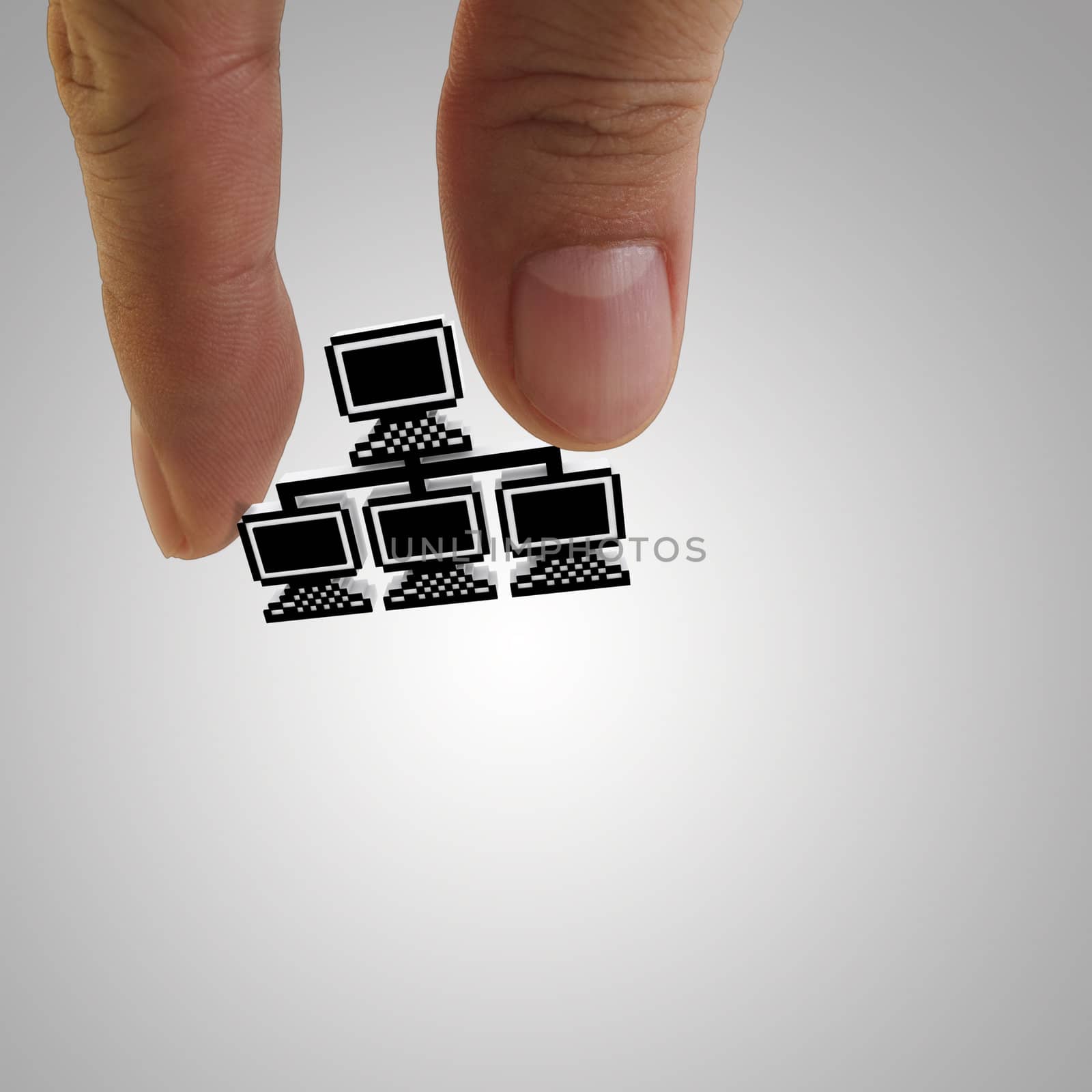 close up of hand picks pixel 3d cloud network sign icon as concept