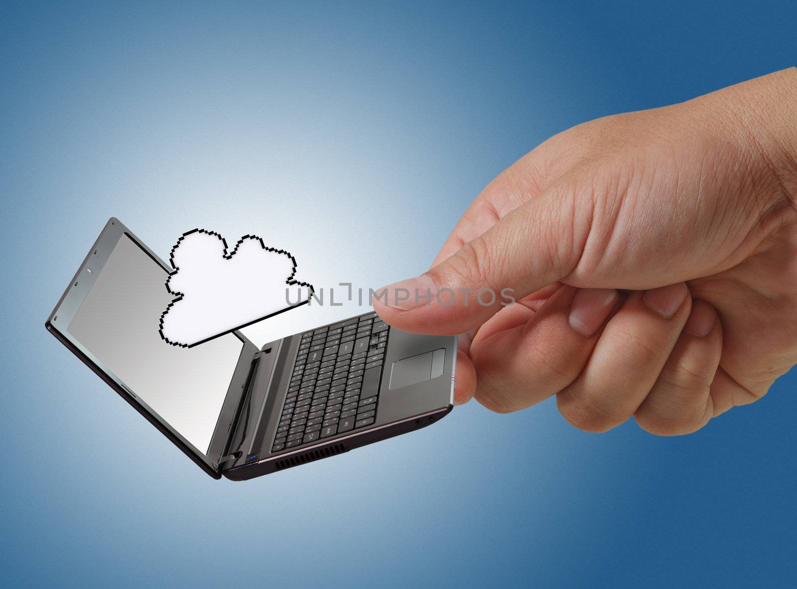 close up of hand hold laptop and pixel cloud icon as concept