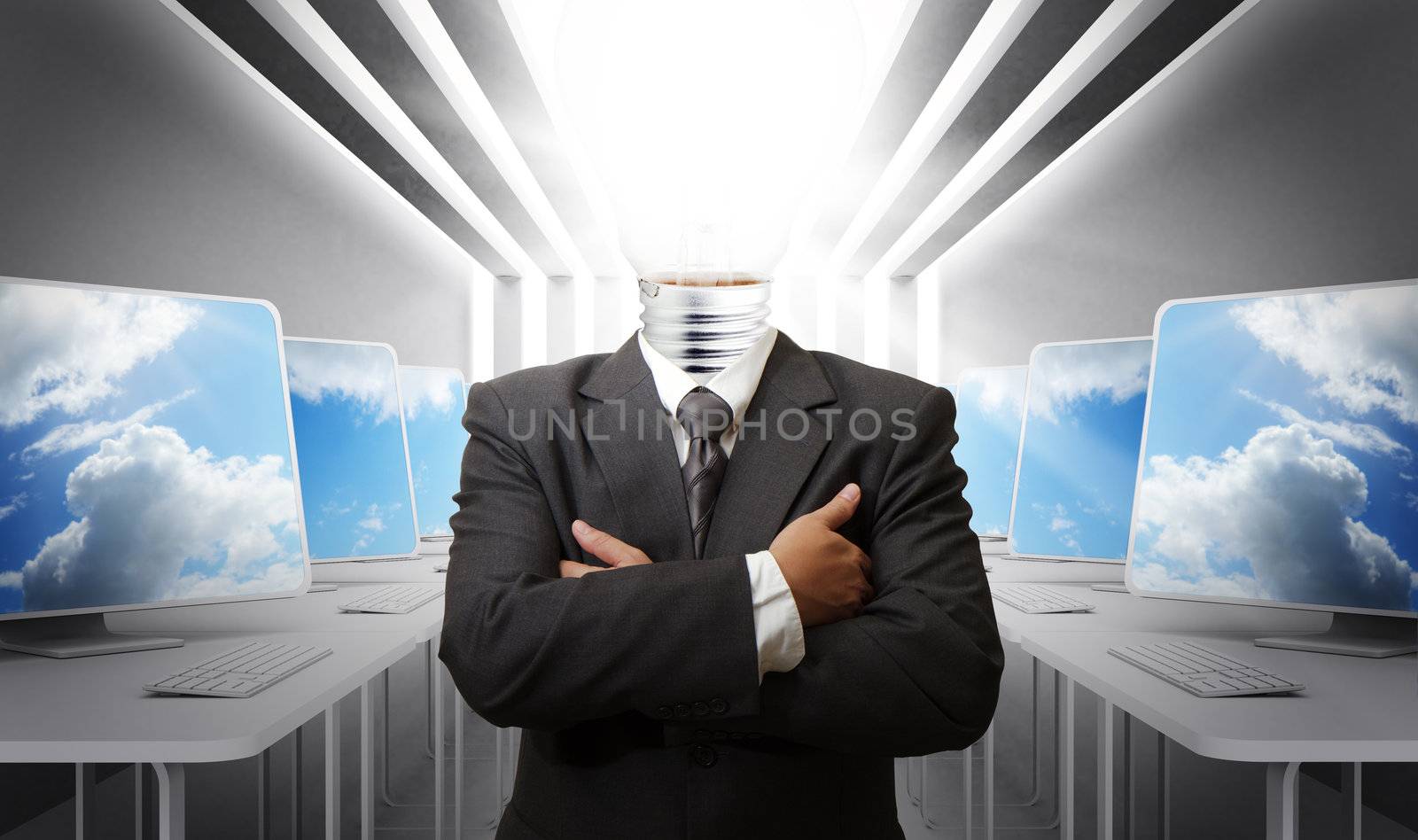 business man light bulb head and computer room