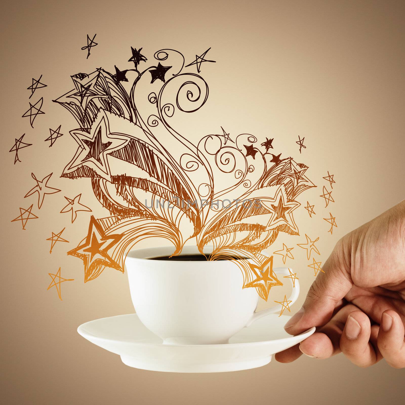 cup of coffee with golden hand drawn ornament