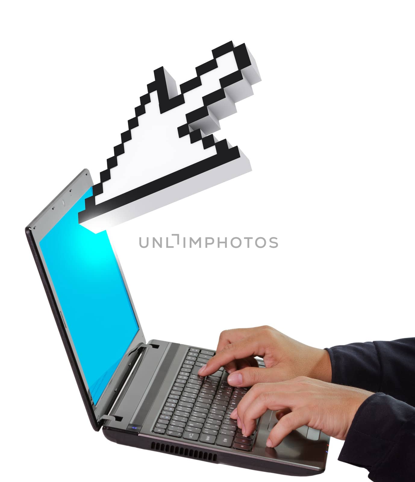 hand picks laptop with 3d cursor hand