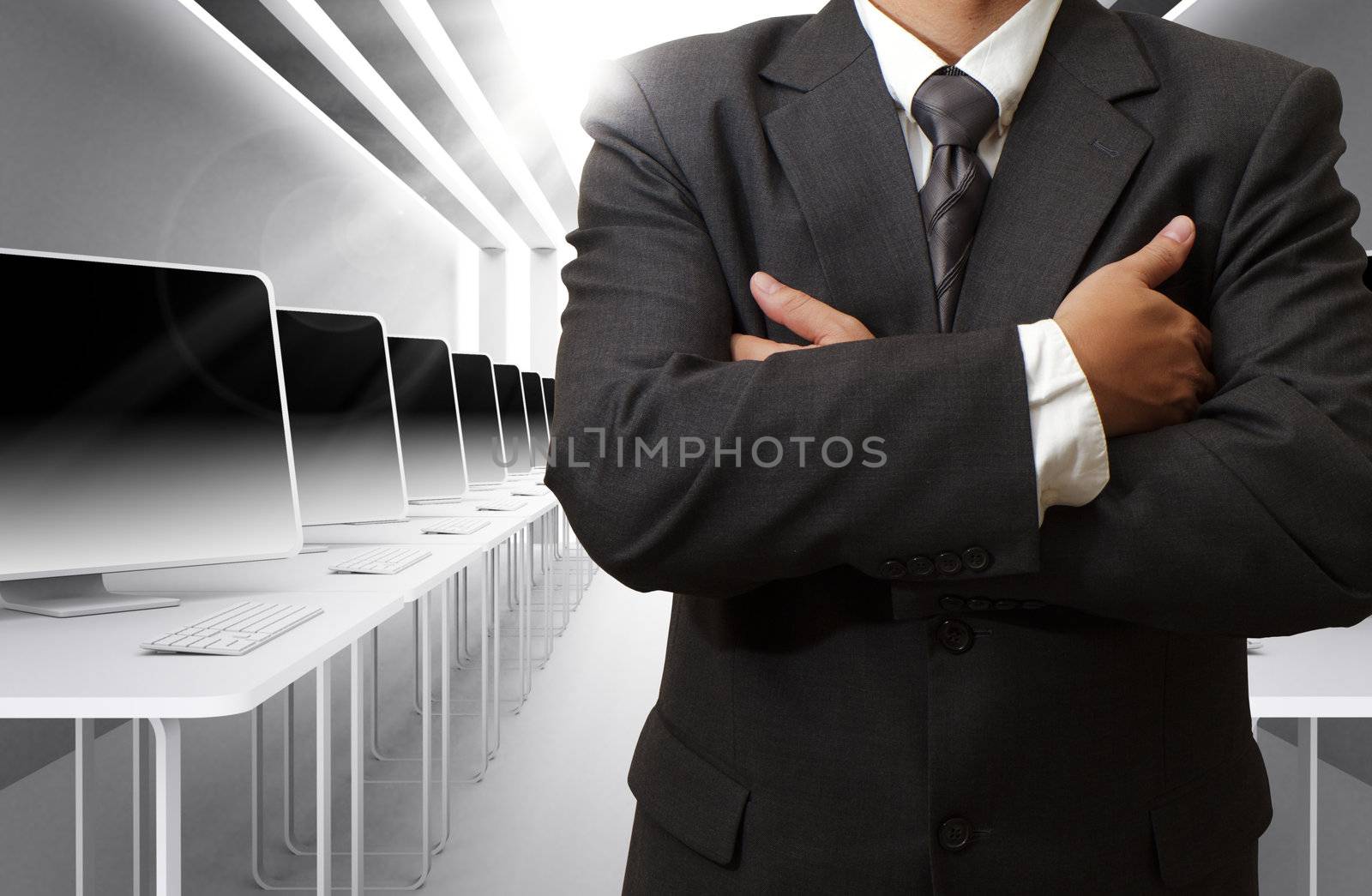 business man,teacher and computer class room
