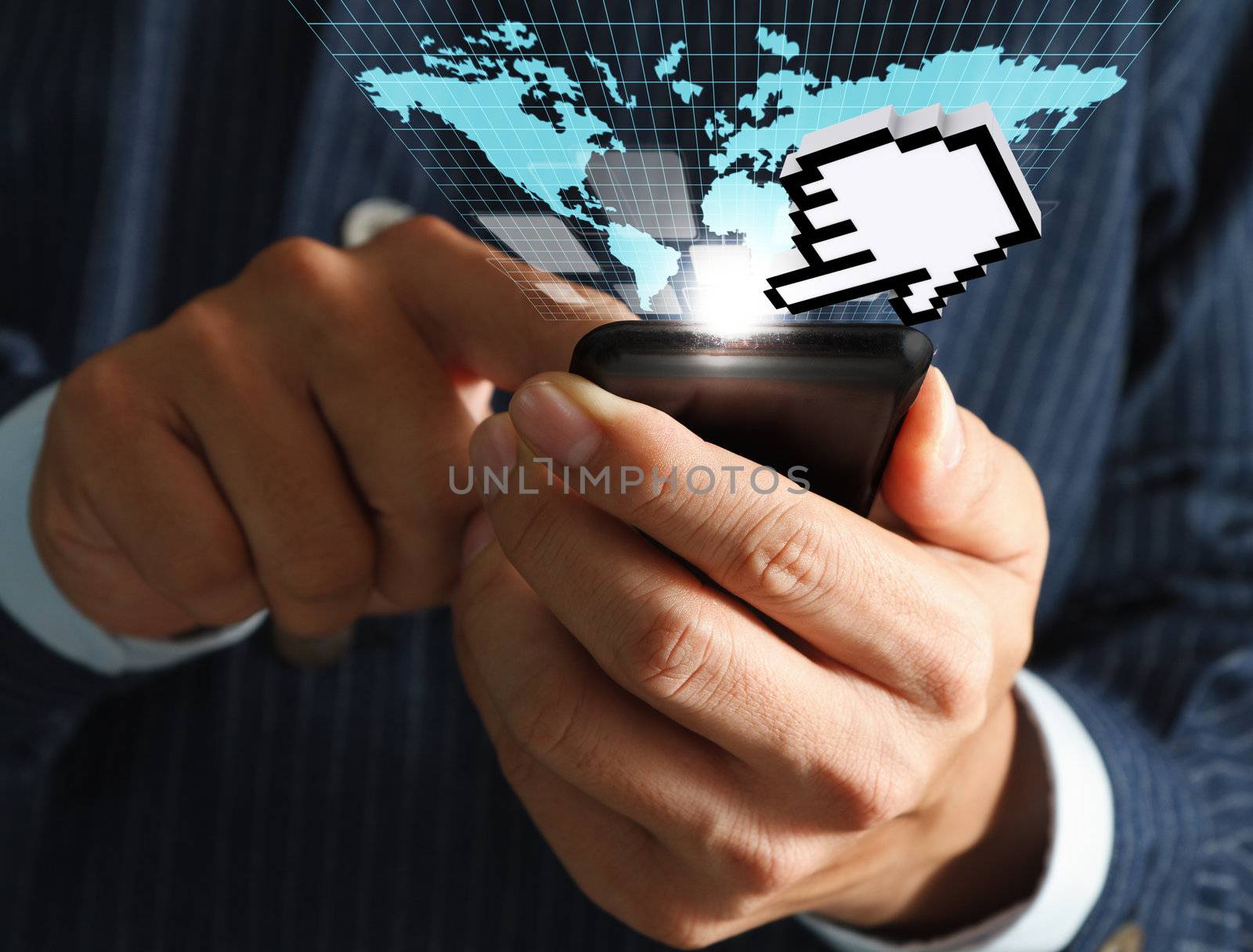 business man hand use mobile phone streaming virtual business world and hand cursor