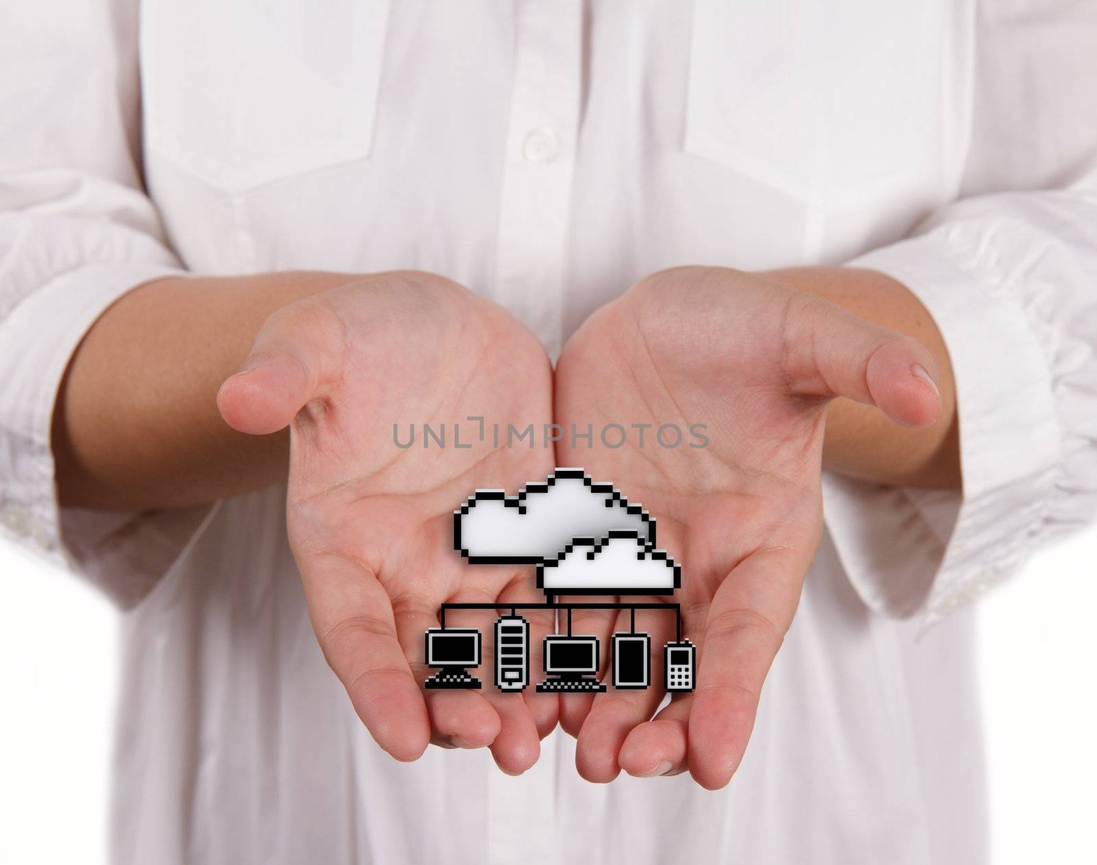 businesswoman hands show 3d pixel cloud network as icon