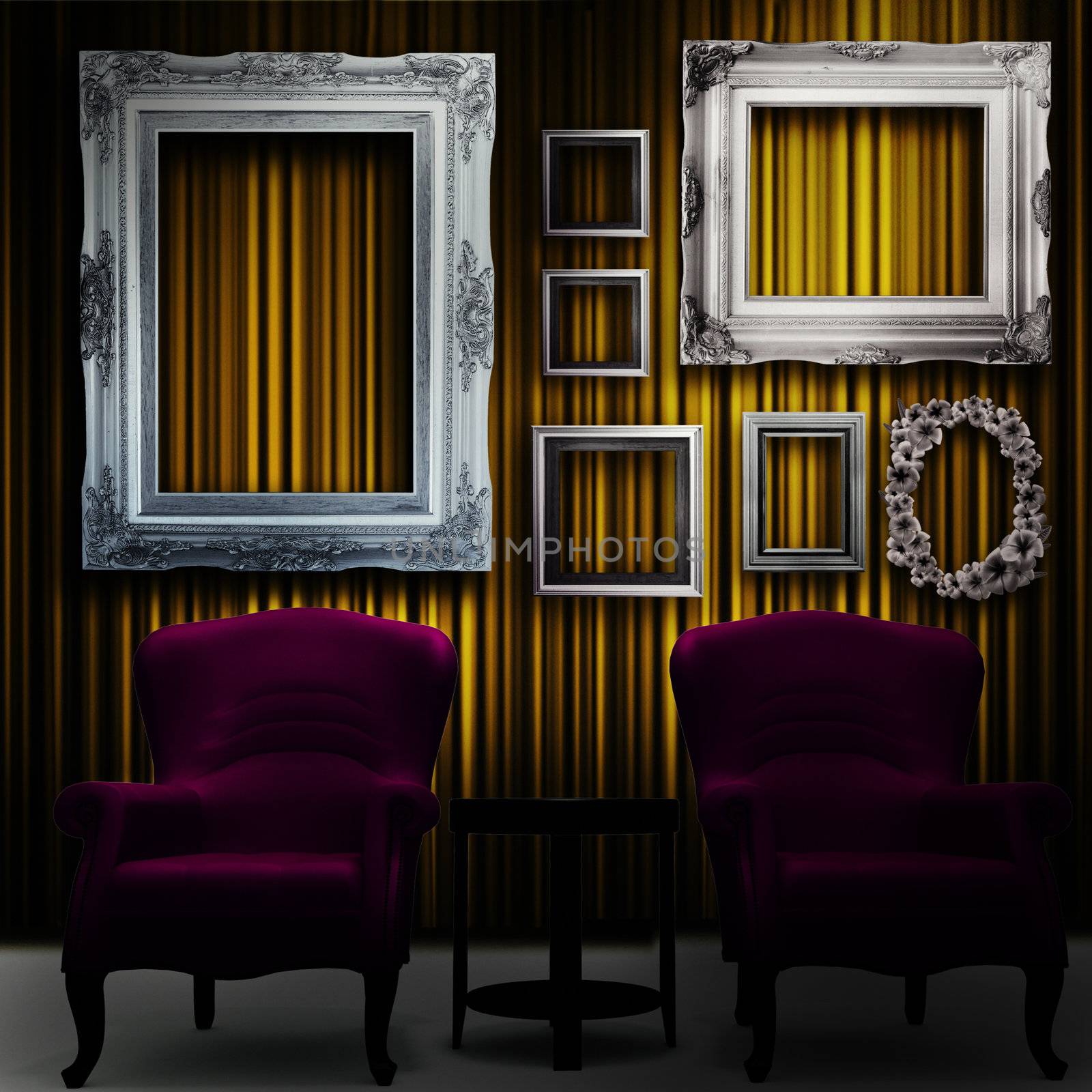 Gallery display - vintage silver frames on curtain wall and violet armchairs