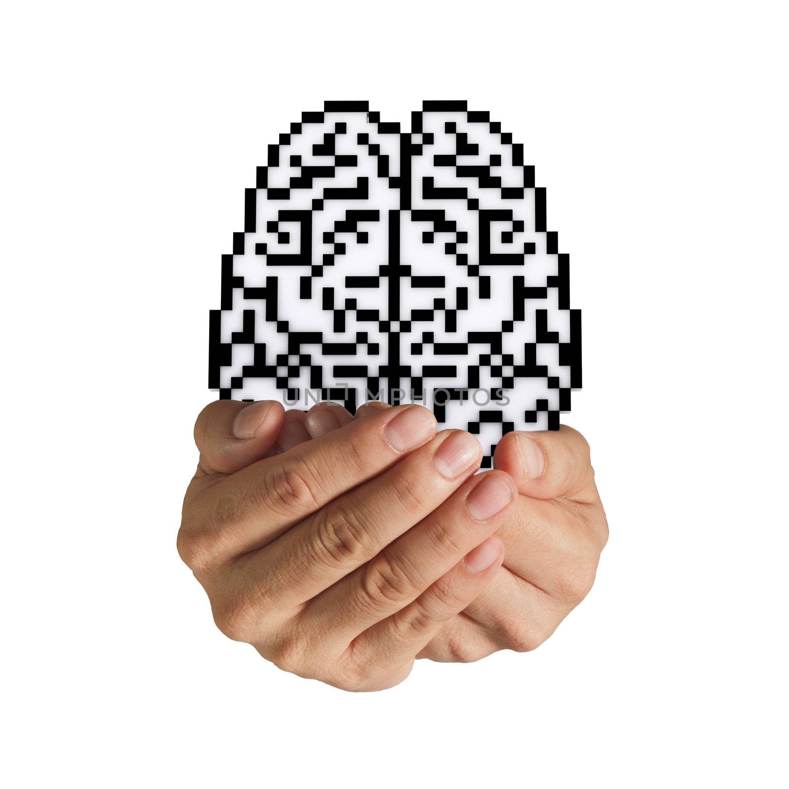 hand hold 3d brain pixel icon sign