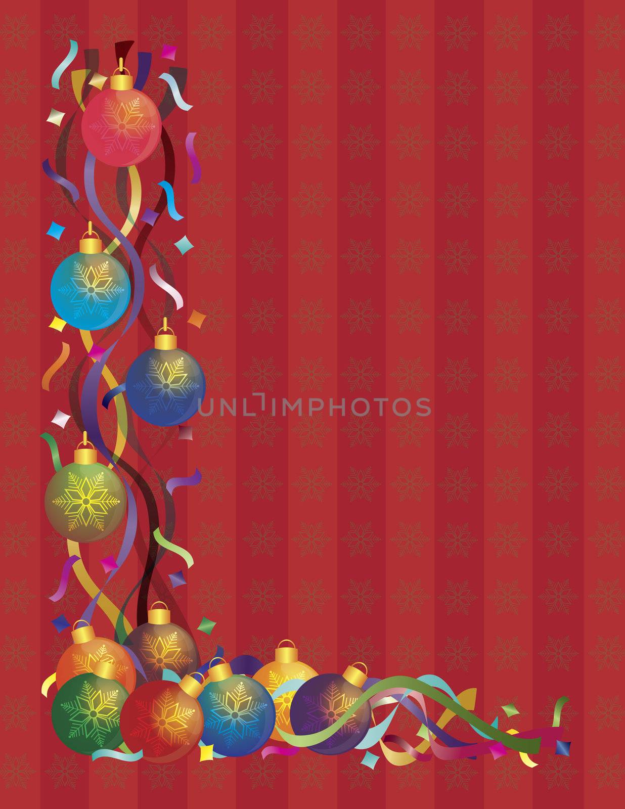 Christmas Tree Ornaments with Colorful Ribbons and Confetti Border on Red Snowflakes Pattern Background Illustration