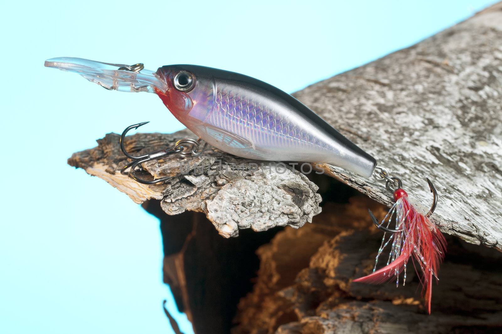 An image of a fishing lure above the wood against blue background
