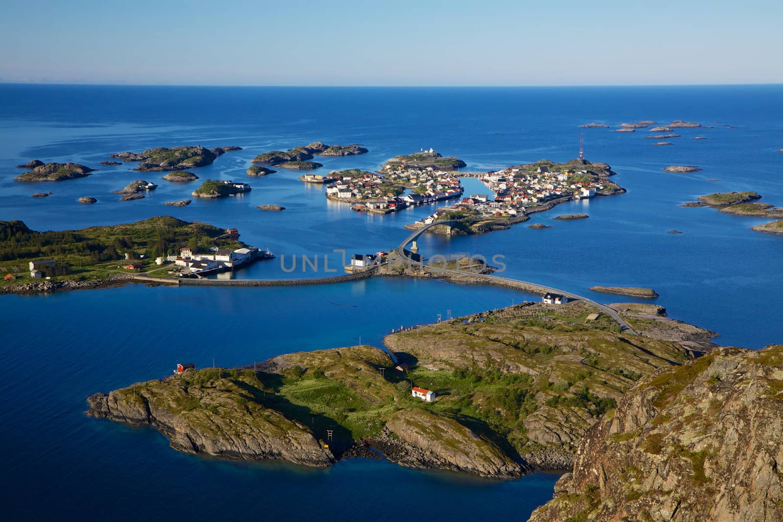 Scenic town of Henningsvaer on Lofoten islands in Norway, popular tourist destination famous for fishing and natural beauty