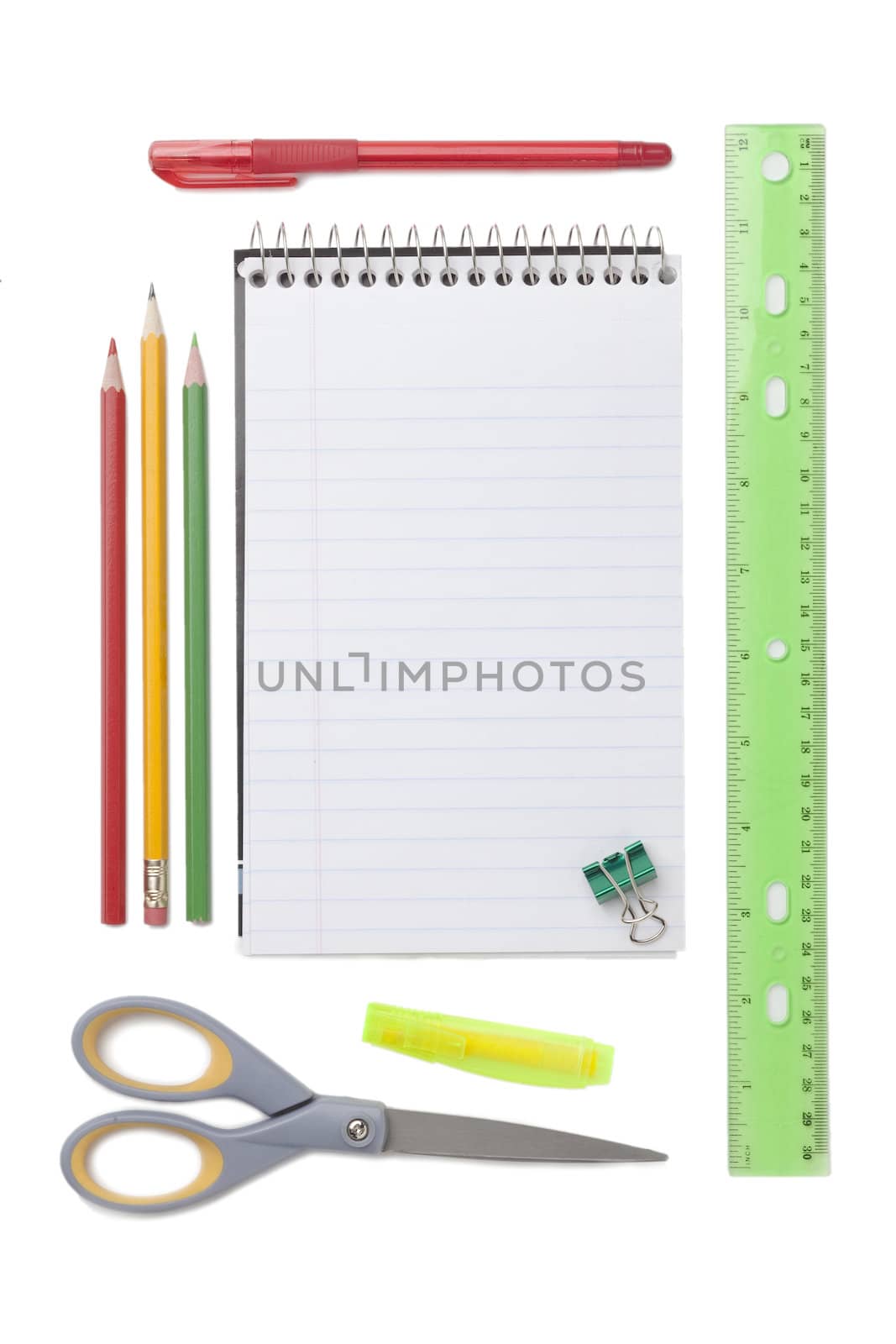 Close up image of school supplies against white background