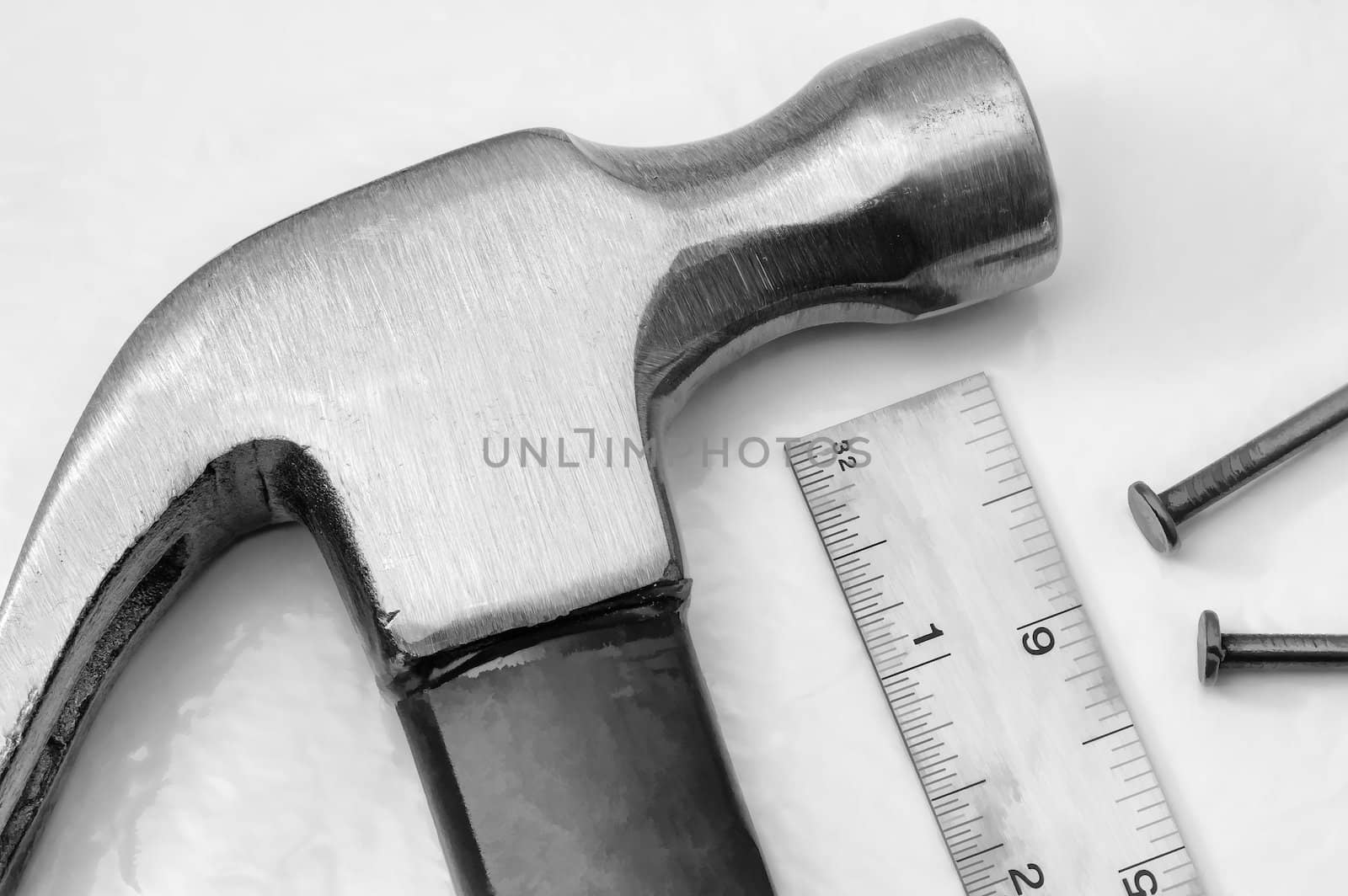 Nails Hammer and Ruler up Close by wolterk