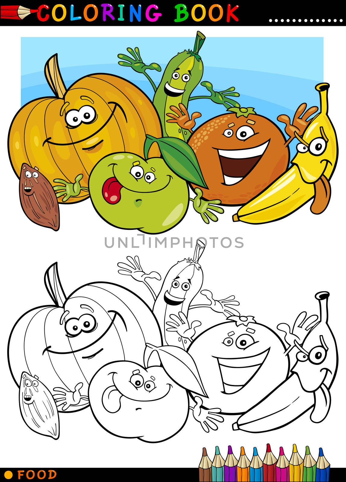 Coloring Book or Page Cartoon Illustration of Funny Food Characters Fruits and Vegetables for Children Education