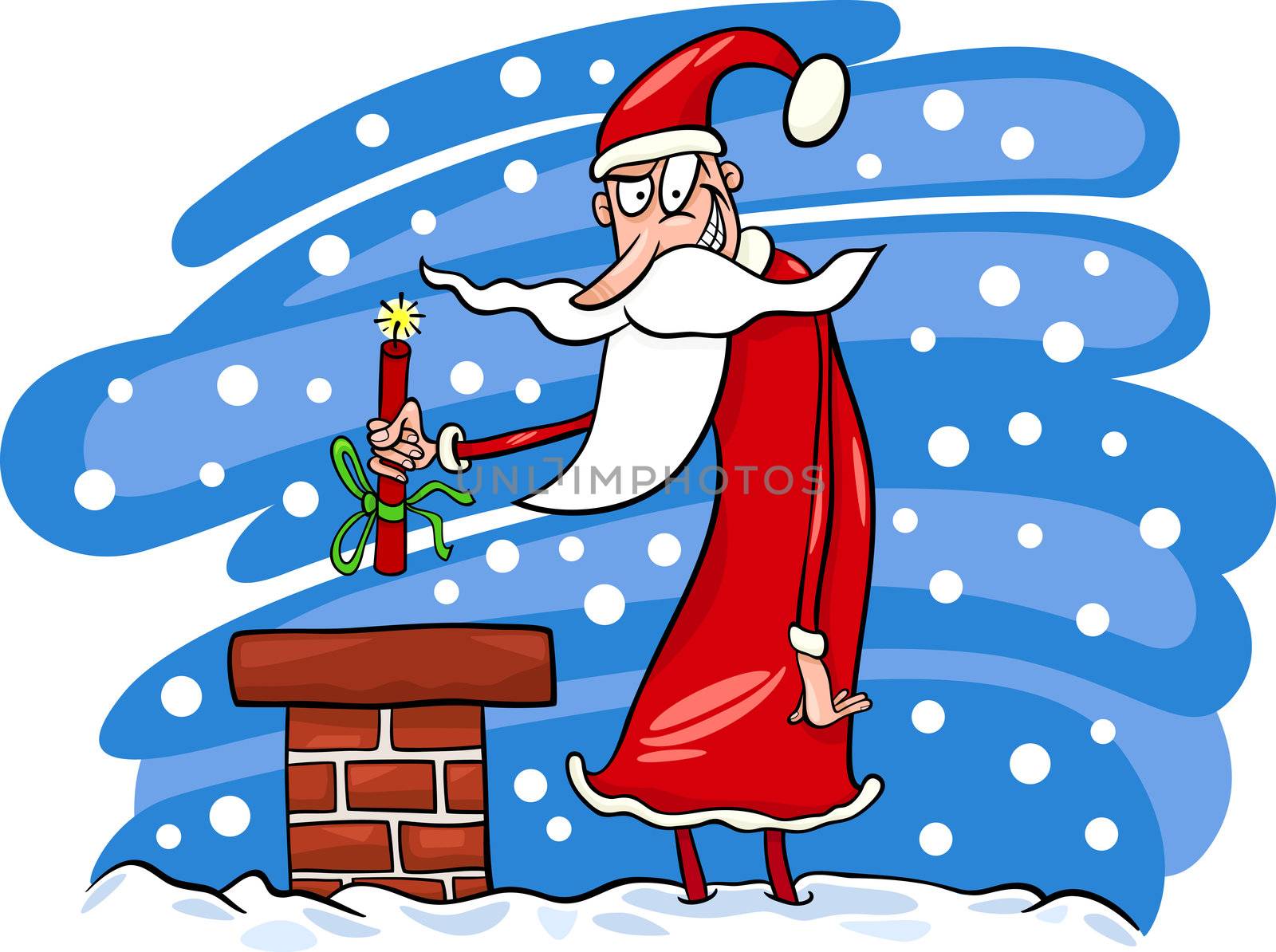 Cartoon Illustration of Malicious Funny Santa Claus or Papa Noel on the Roof with Stick of Dynamite as Christmas Present