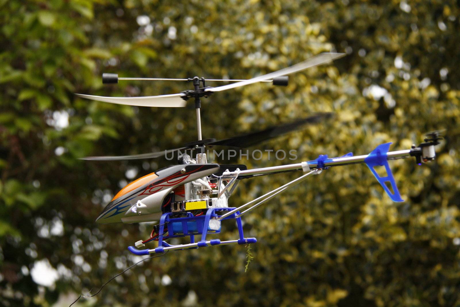 model helicopter flying around the garden