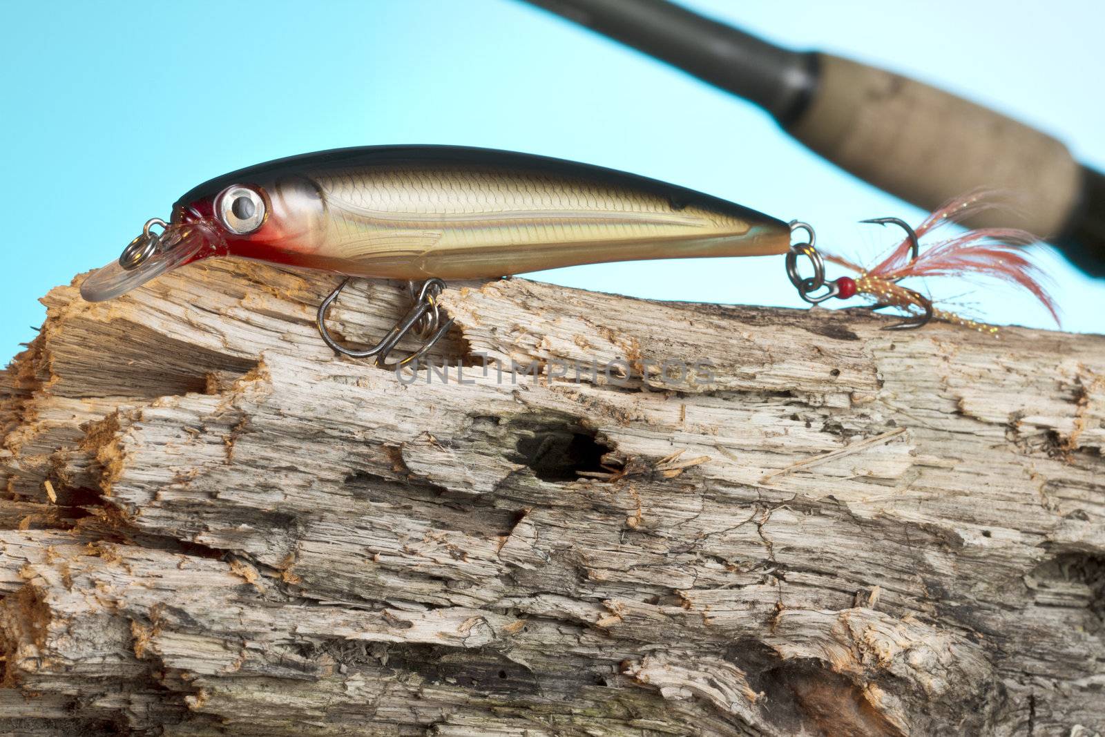 A close up image of a fishing lure on the wood on a blue background