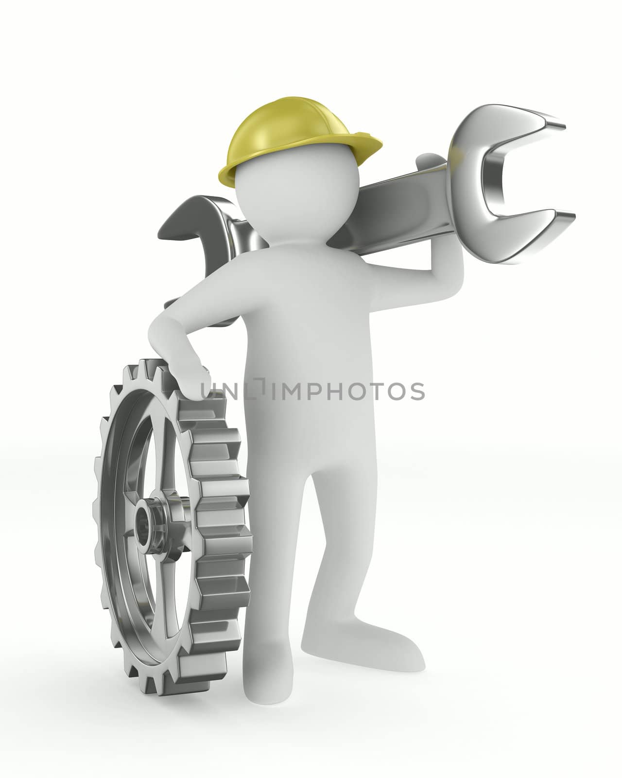 Man with wrench on white background. Isolated 3D image