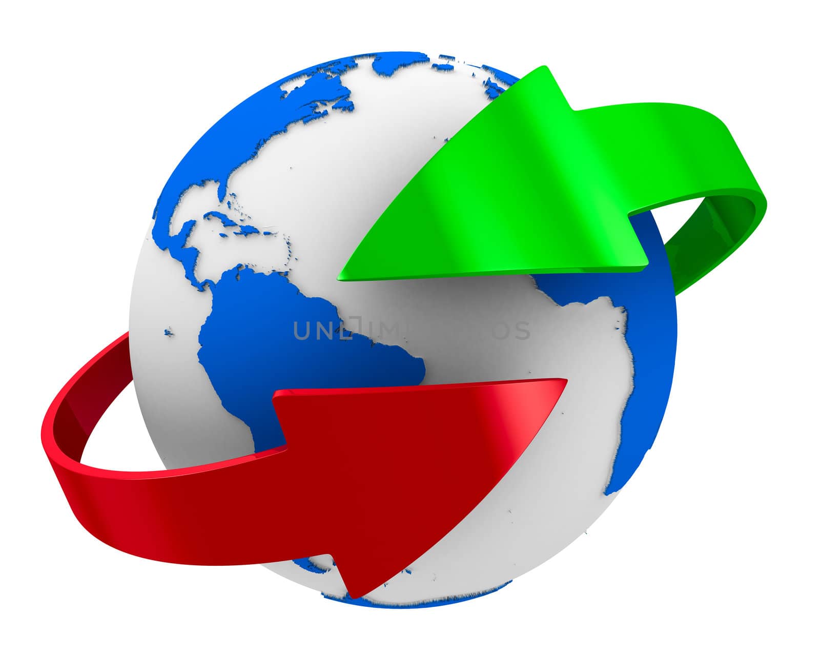 Globe and arrows on white background. Isolated 3D image