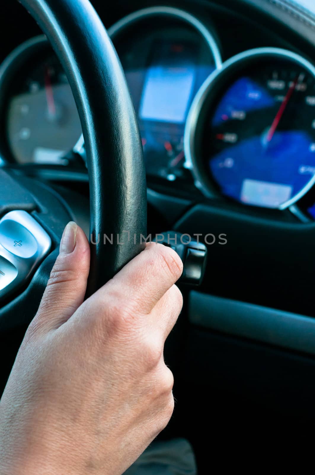 Woman drive car and holds the steering wheel