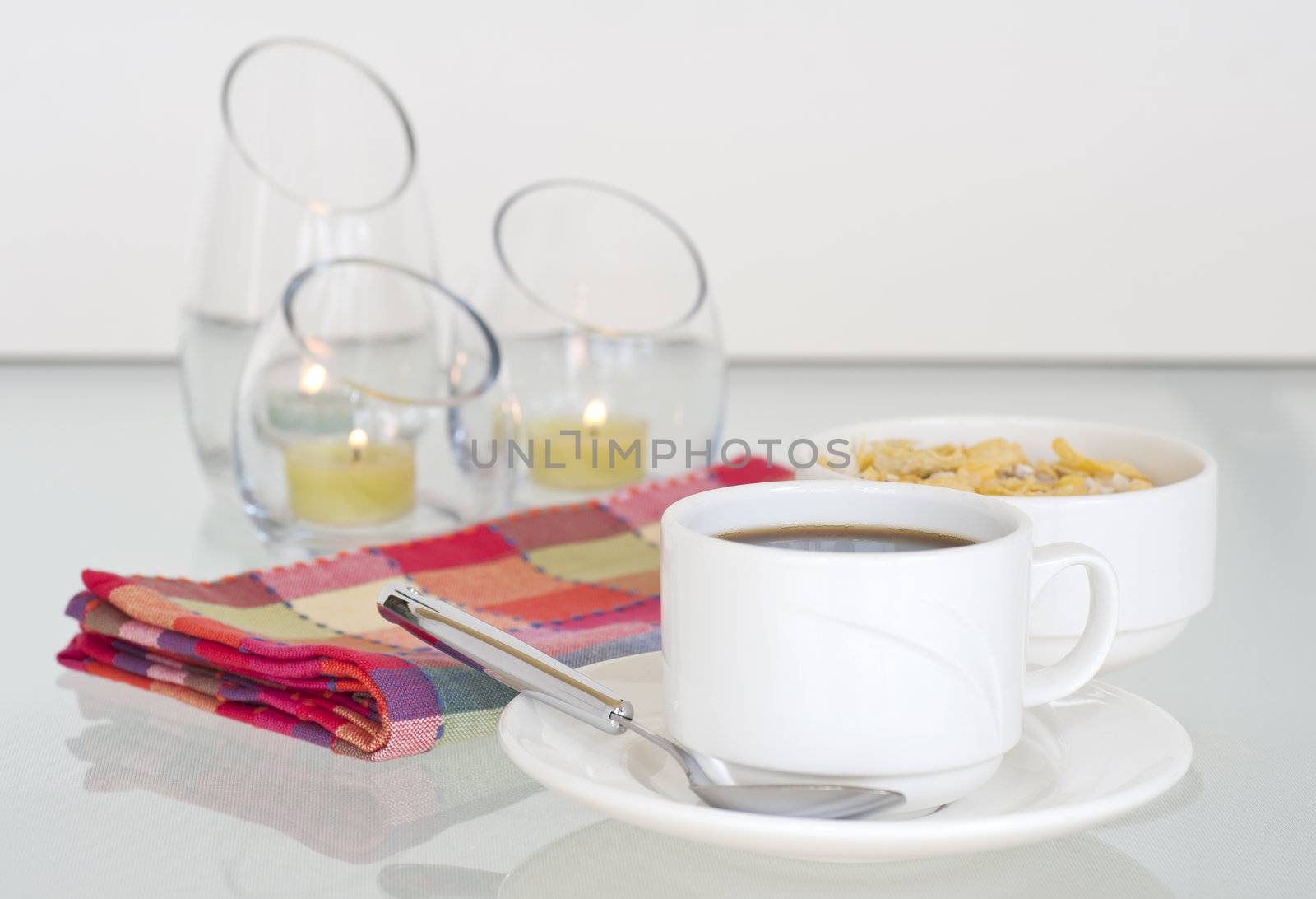 Cup of black coffee part of a breakfast still life.