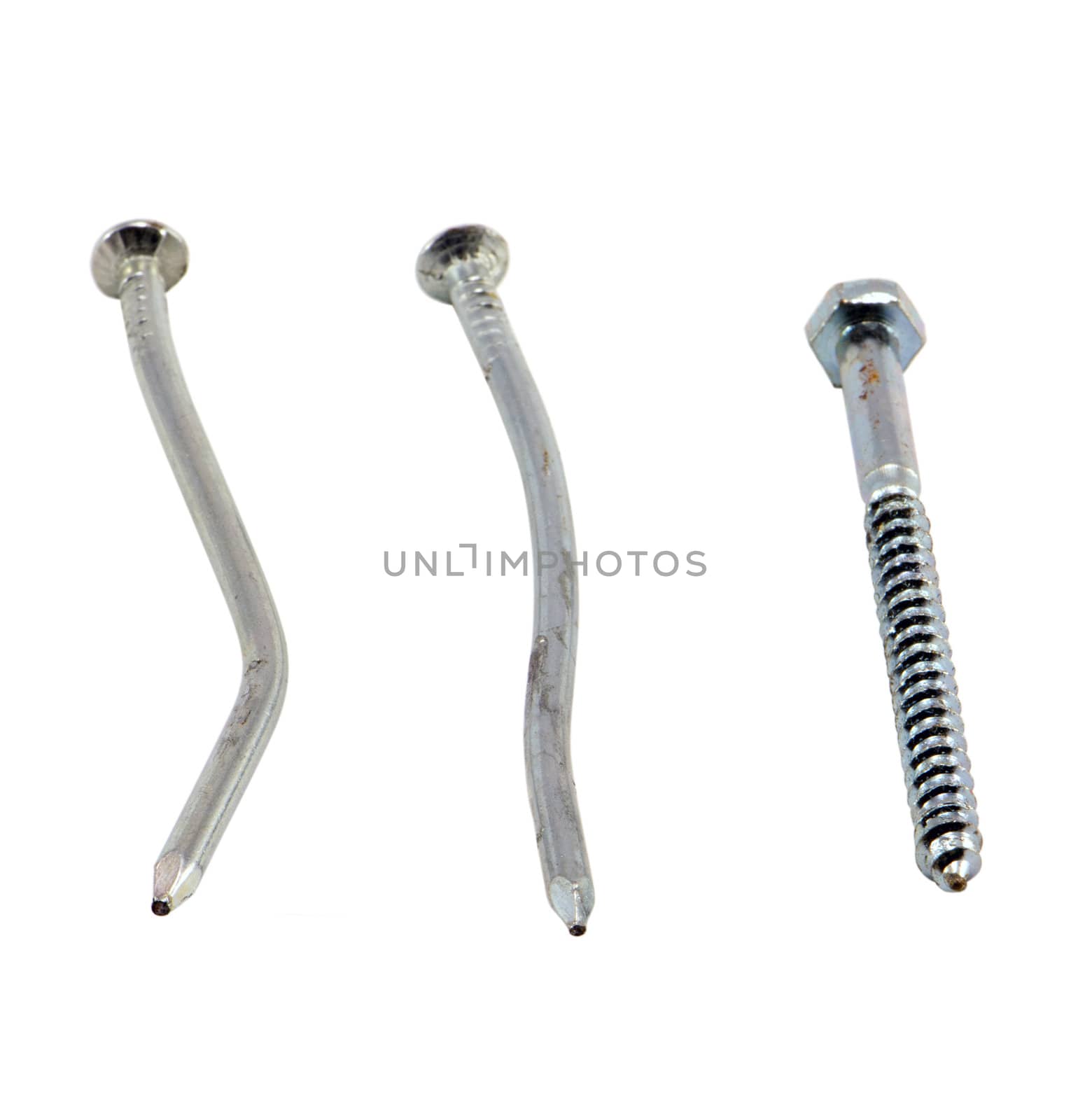nails hammered bend and screw bolt wrench head isolated on white background.