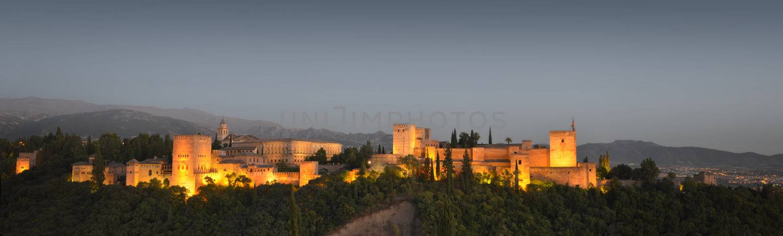 Panoramic view of the Alhambra at dusk by artofphoto