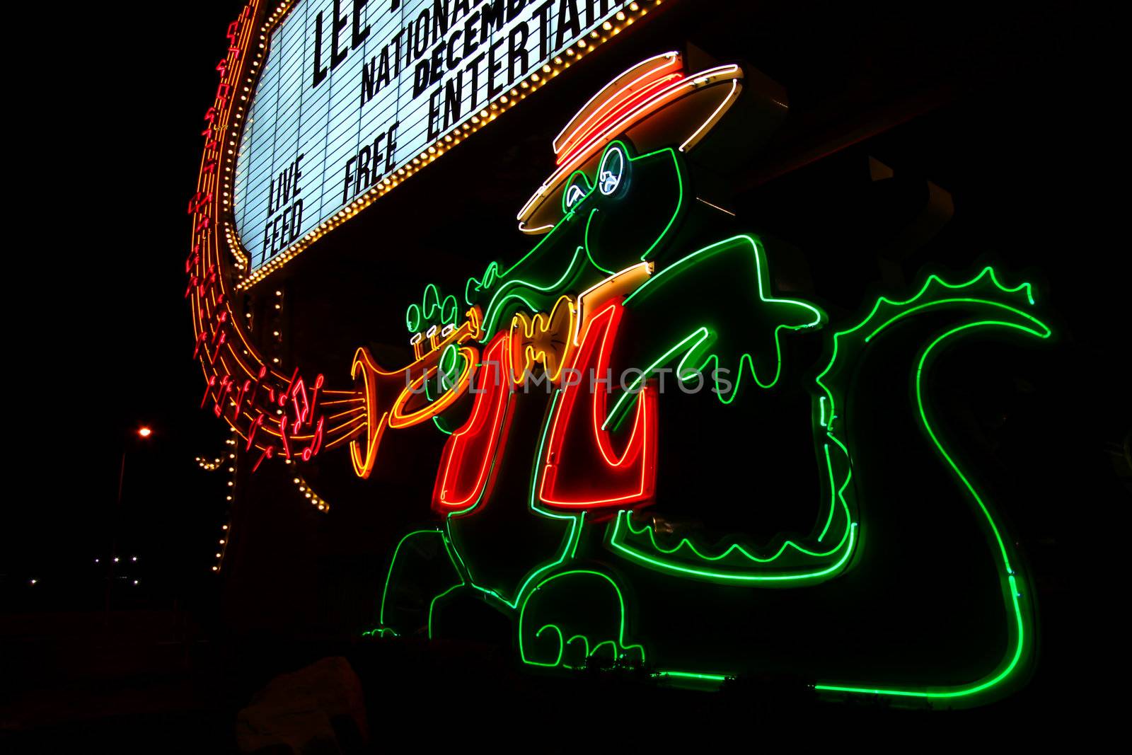 Las Vegas, USA - November 30, 2011: Musical Alligator Sign at the main entrance to The Orleans Hotel and Casino on Tropicana Avenue in Las Vegas.