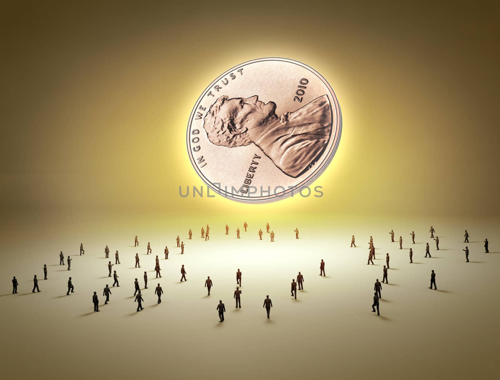 Money symbol with tiny human figures around