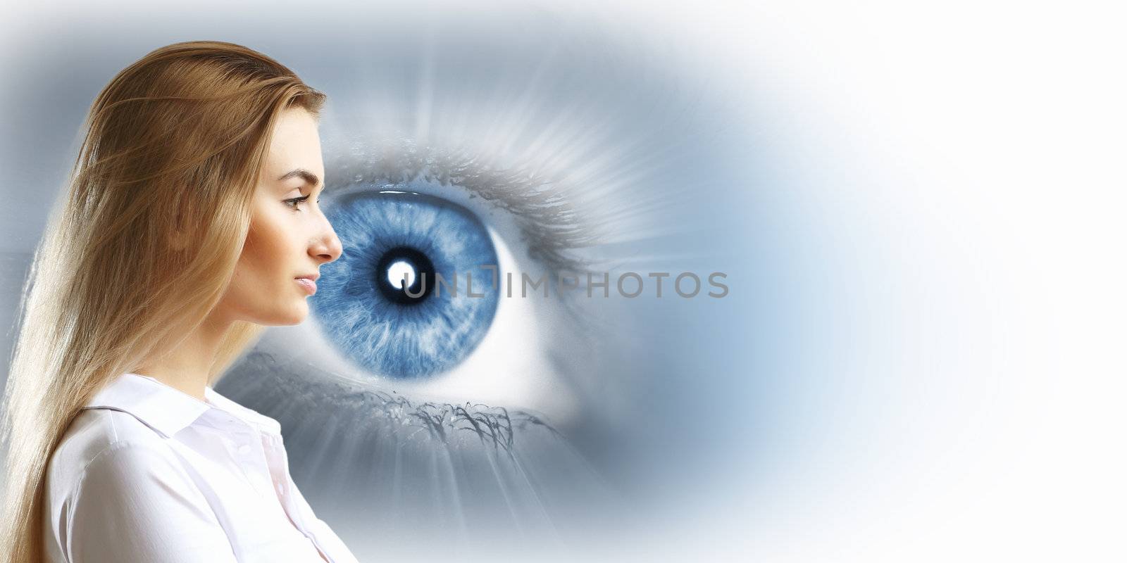 Human face and eye eye on white background