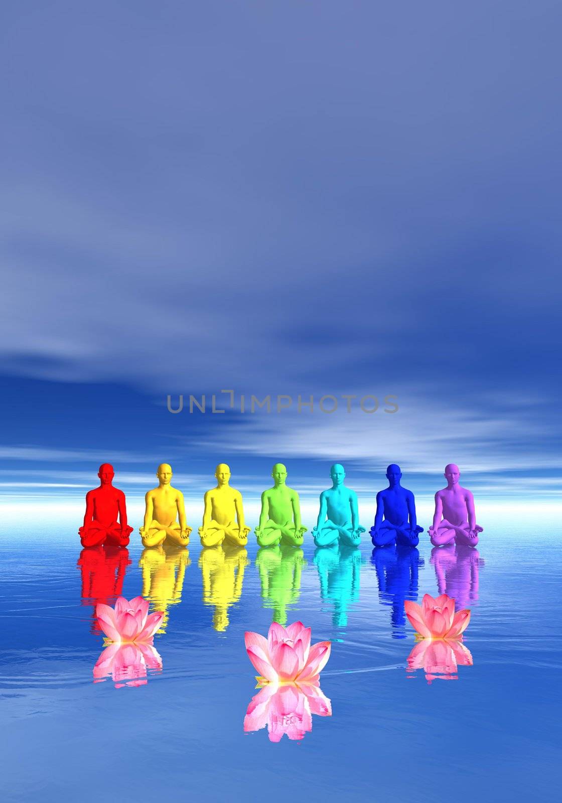 Seven human with chakra colors meditating in front of waterlilies flower in blue background