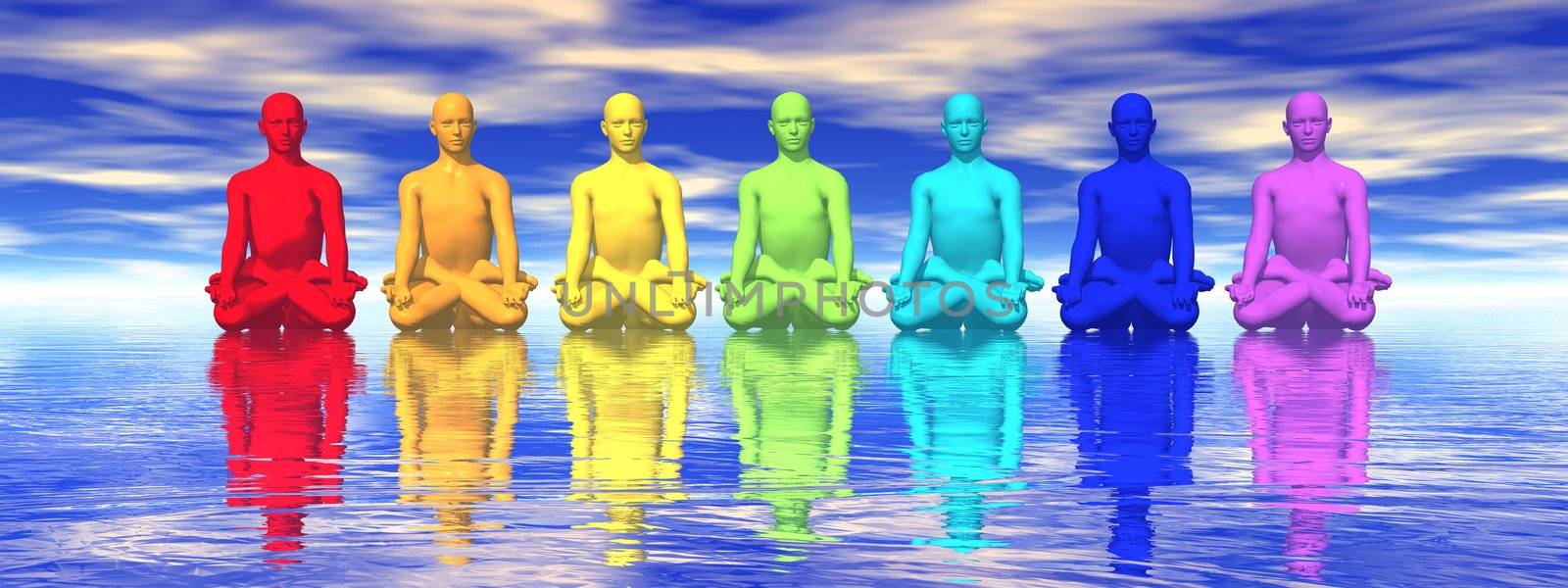 Seven human with chakra colors meditating in blue background