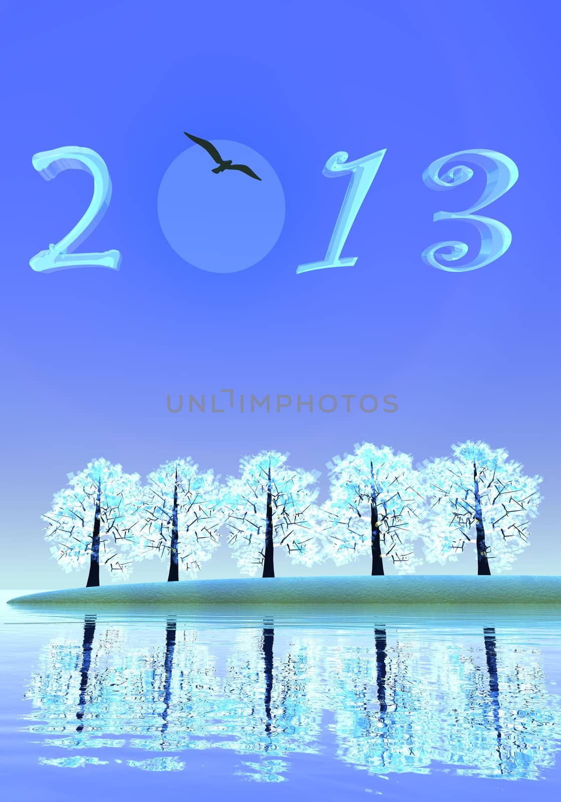 2013 numbers upon winter landscape of trees and water by night with full moon