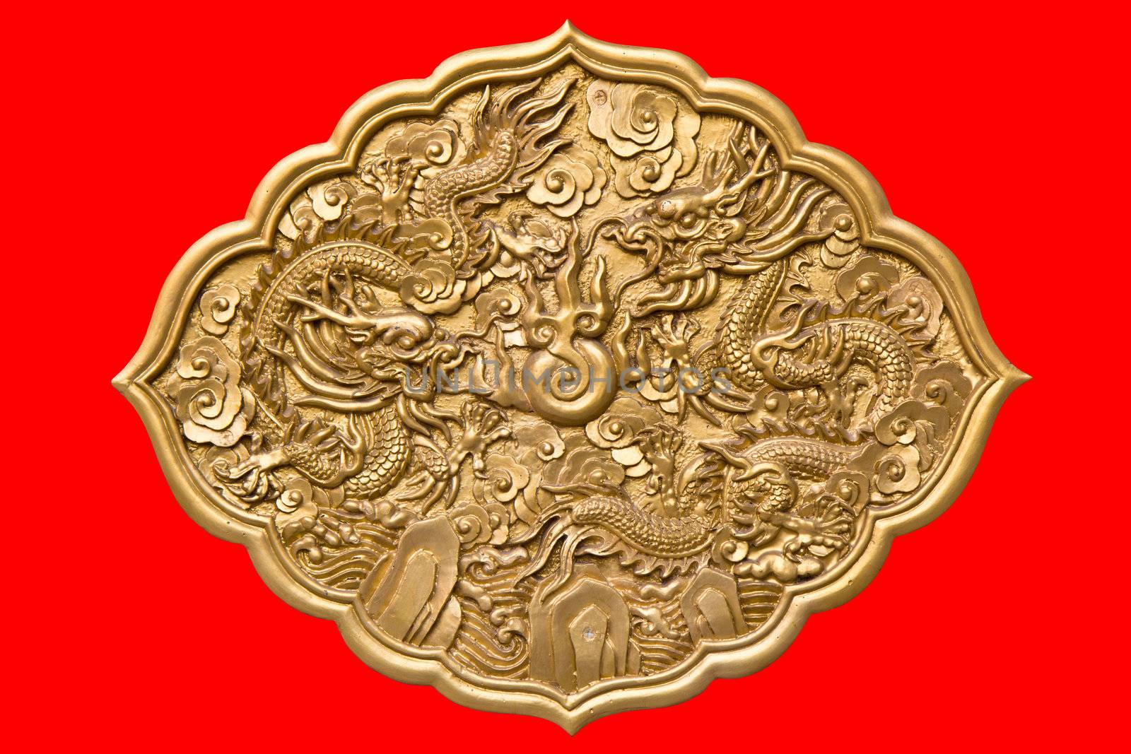 Chinese golden twin dragons on red background.