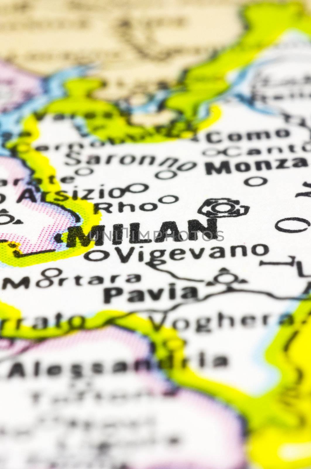 close up of Milan on map, city of Italy.