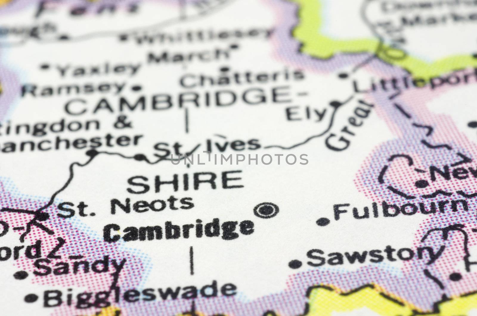 close up of Cambridge city on map, of England