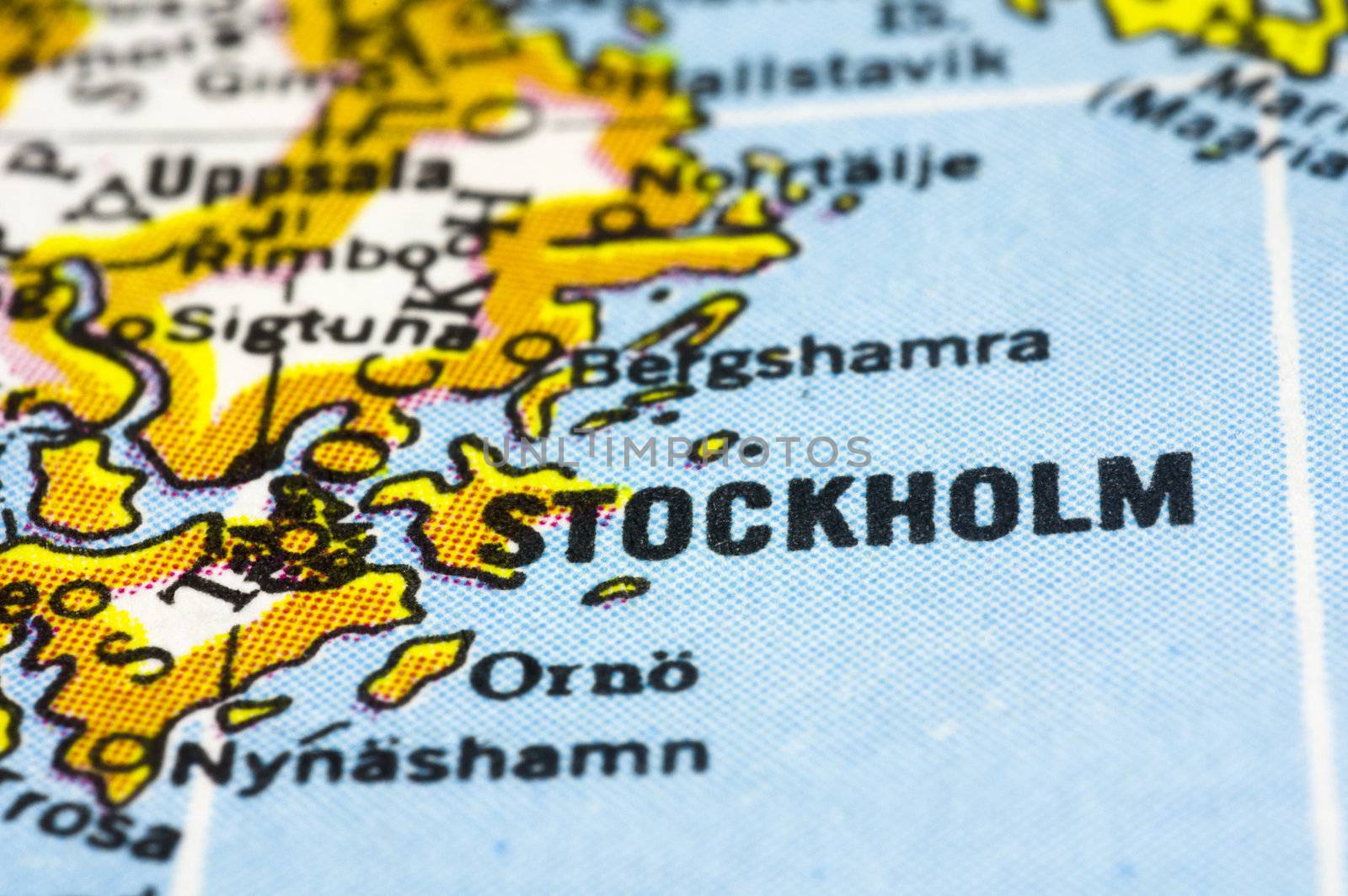 Stockholm, a close up shot of capital of sweden on map.