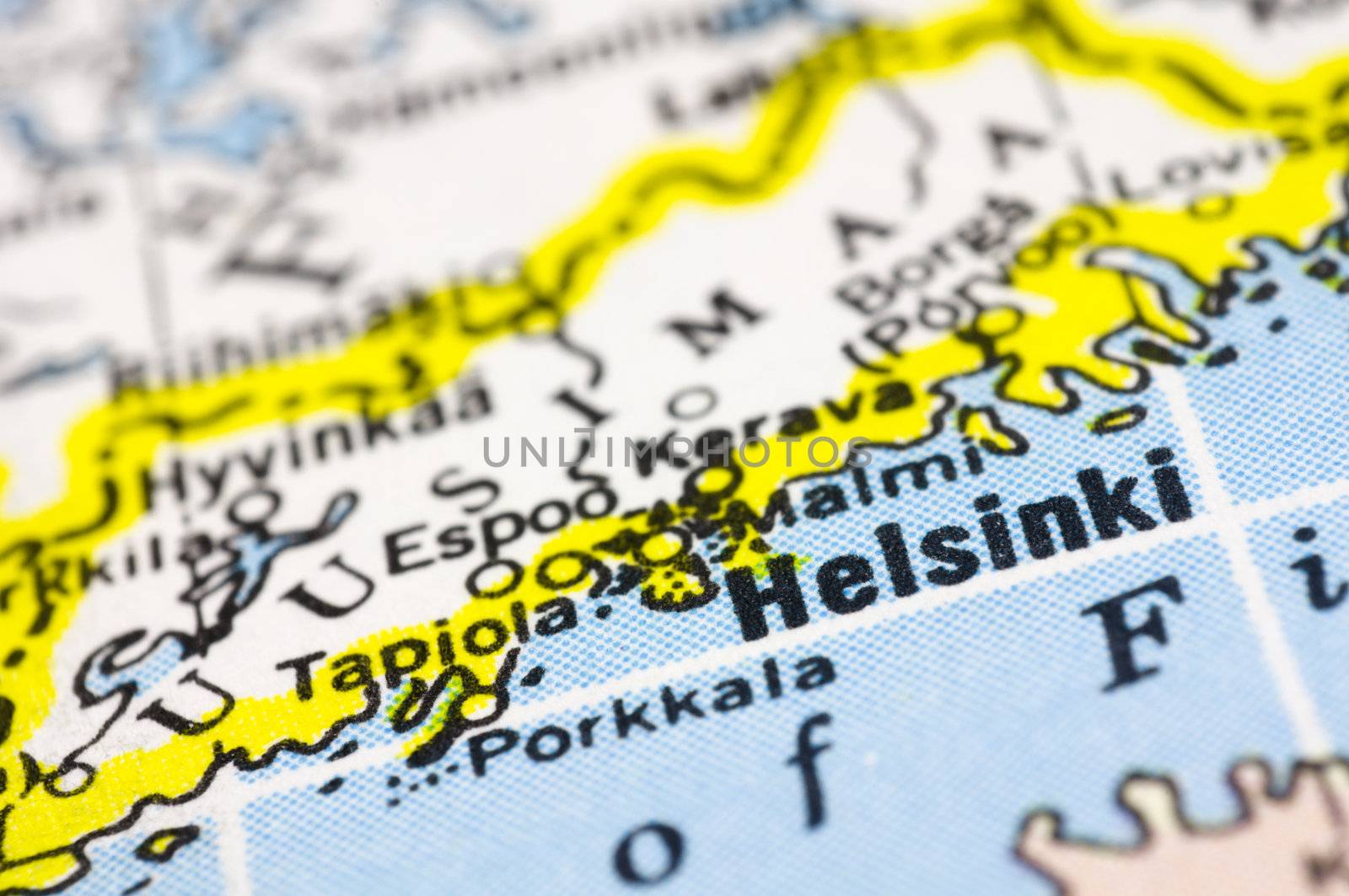 a close up shot of Helsinki, capital of Finland on map.