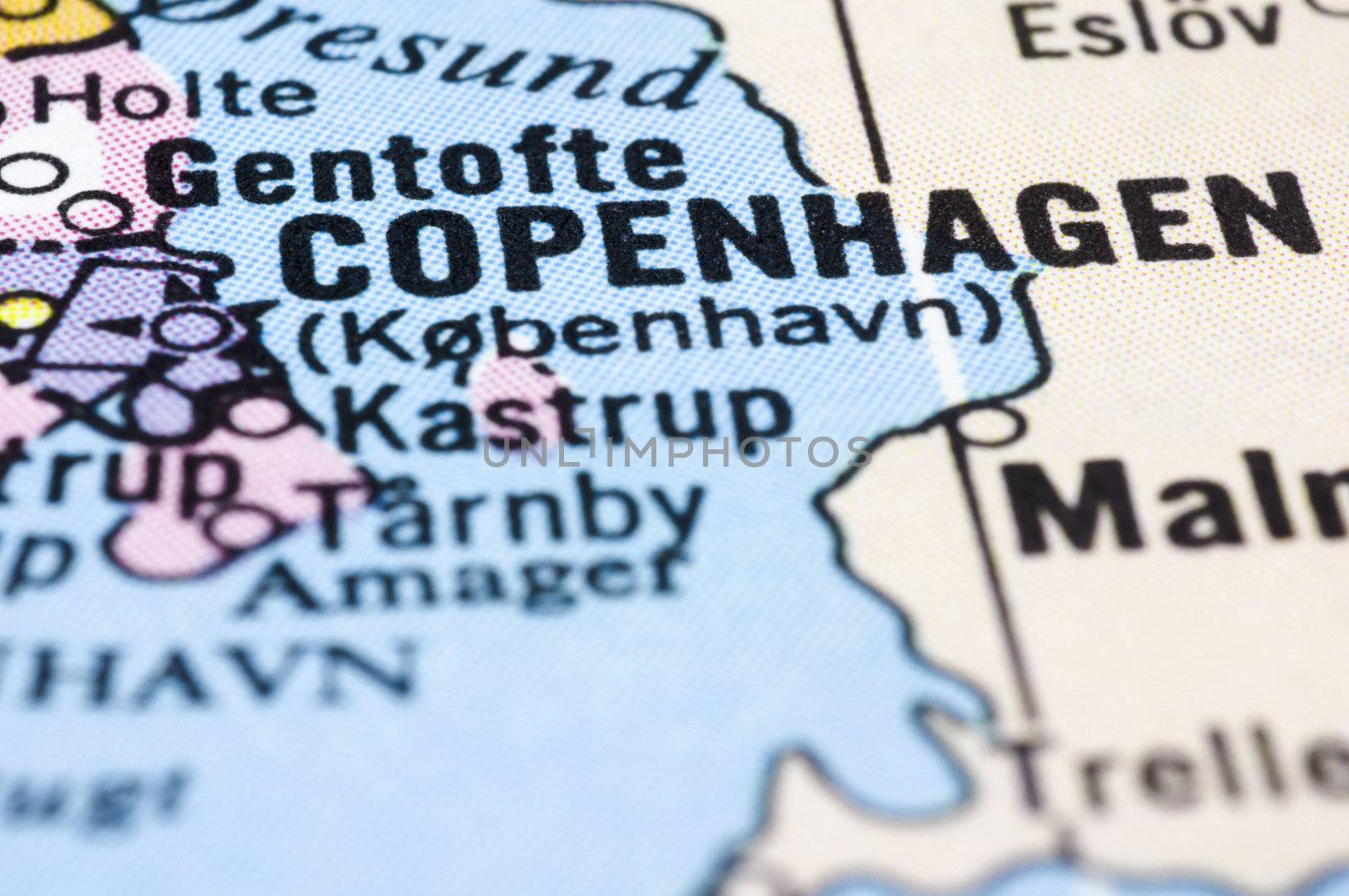 Close up of Copenhagen on map, capital city of denmark.